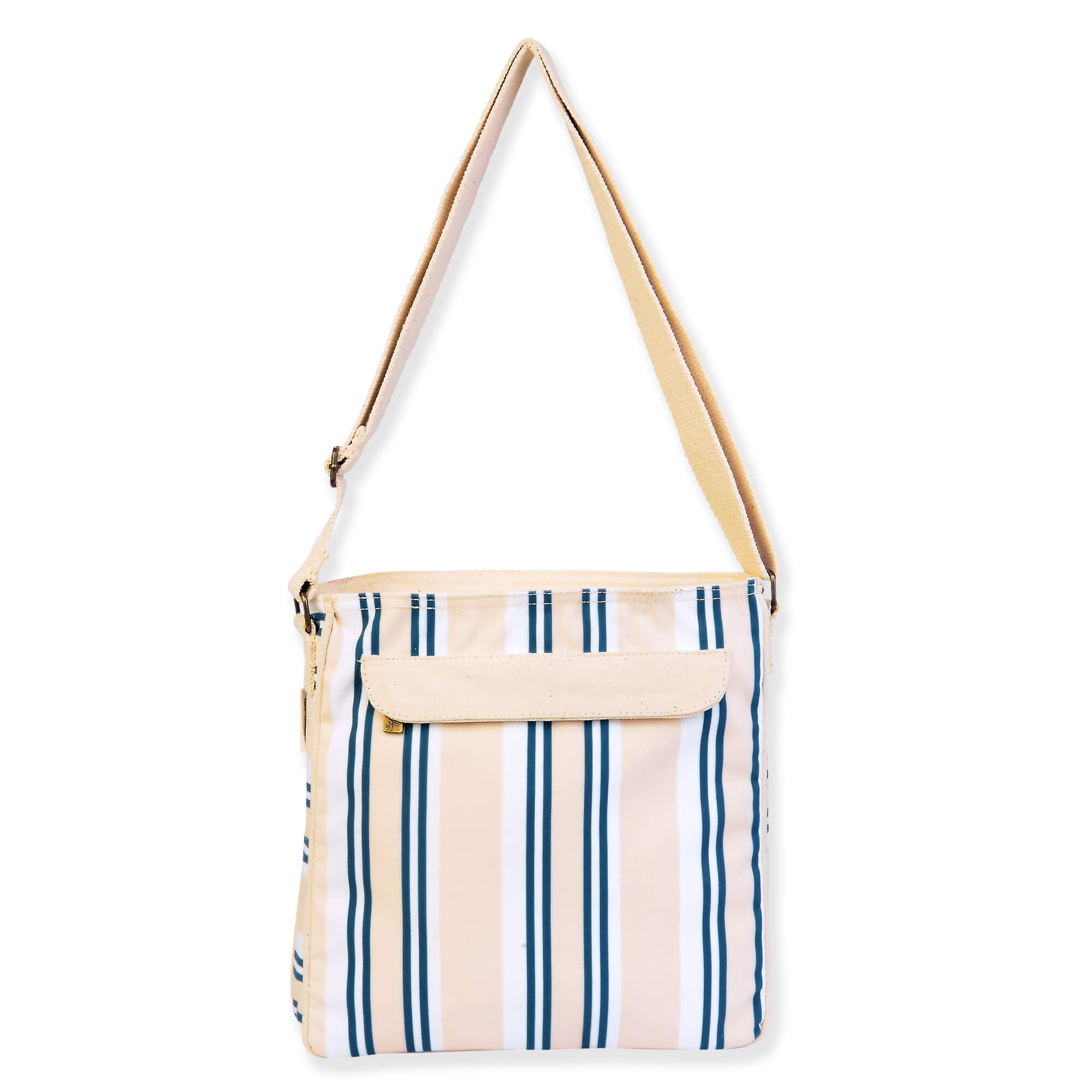 crossbody bag with blue vertical stripe pattern, rear slip pocket, stitched trim, adjustable beige shoulder strap, back view shown