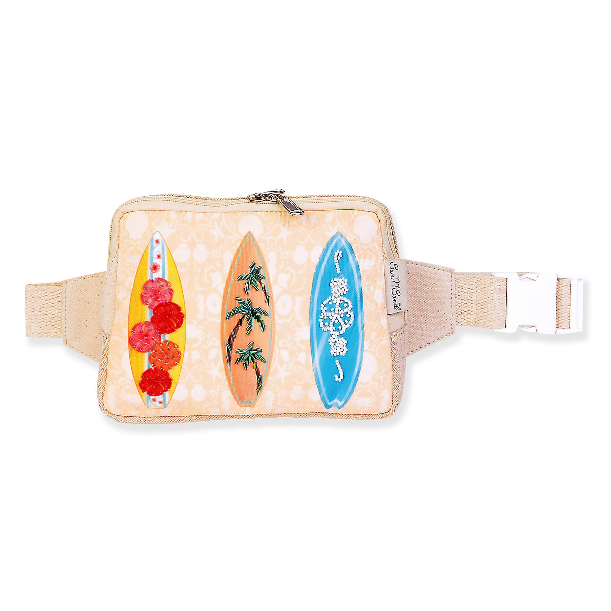 Beige waist bag with embroidered surfboard trio, clear vinyl front pocket, zippered pouch, adjustable beige strap and buckle, front view