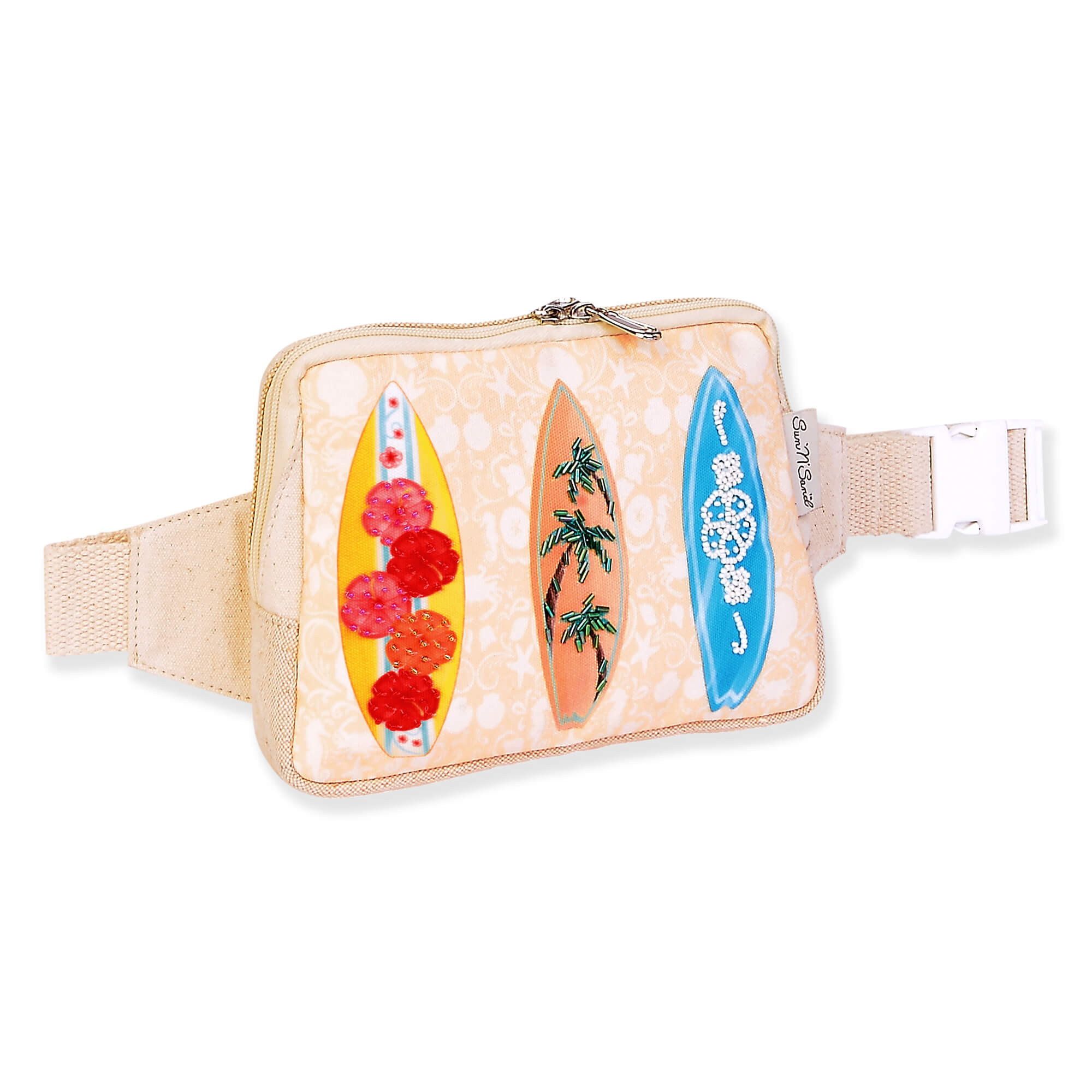 Beige waist bag with embroidered surfboard trio, clear vinyl front pocket, zippered pouch, adjustable beige strap and buckle, angled side view