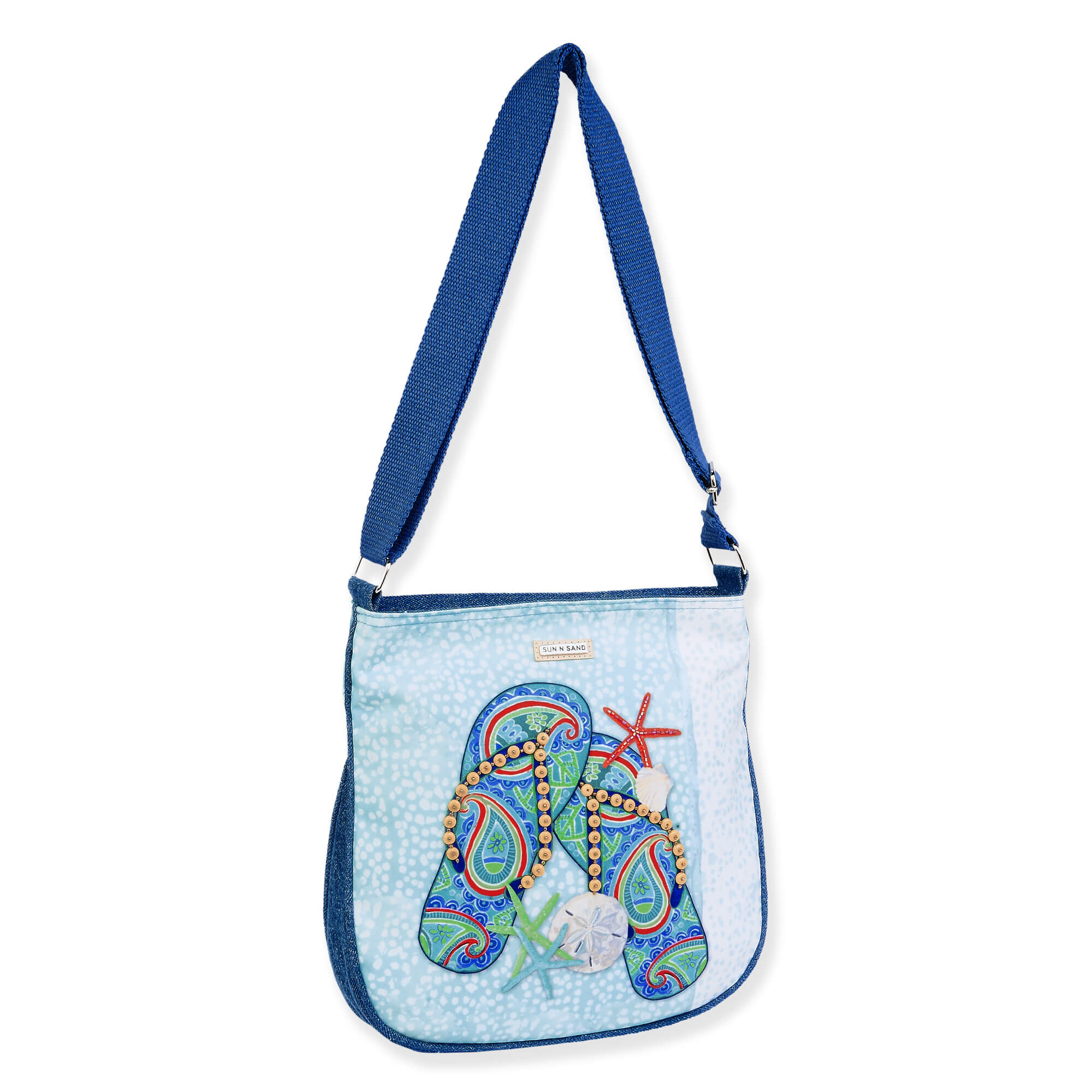 crossbody bag with embroidered flip flop design, zippered pouch, adjustable navy shoulder strap, angled side view displayed
