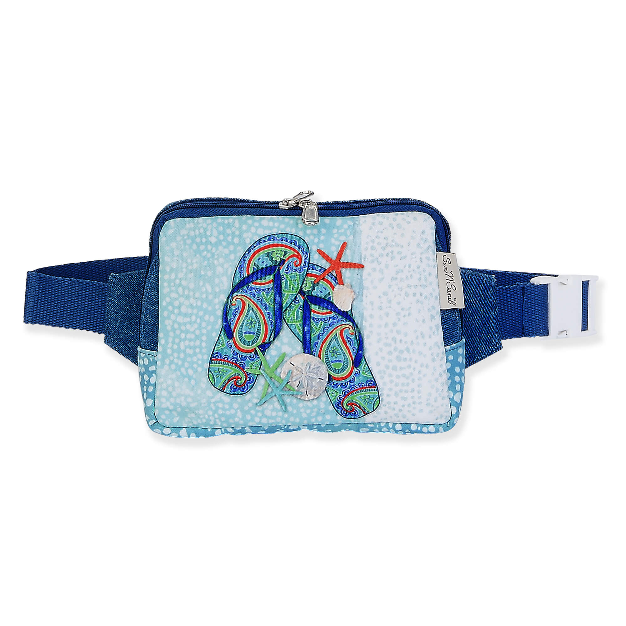 belt bag with navy adjustable waist strap, blue glitter background, embroidered flip‑flop graphic insert, rectangular pouch shape, zipper top, studio product image, front view.