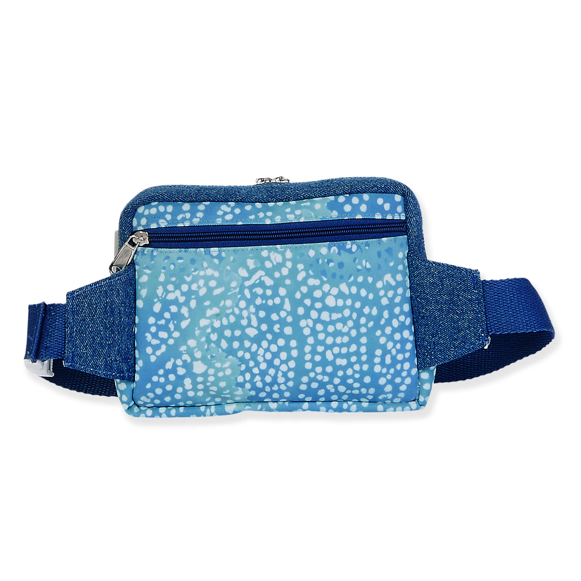 waist bag with speckled pattern, rear zippered compartment, adjustable navy strap and buckle, back view shown