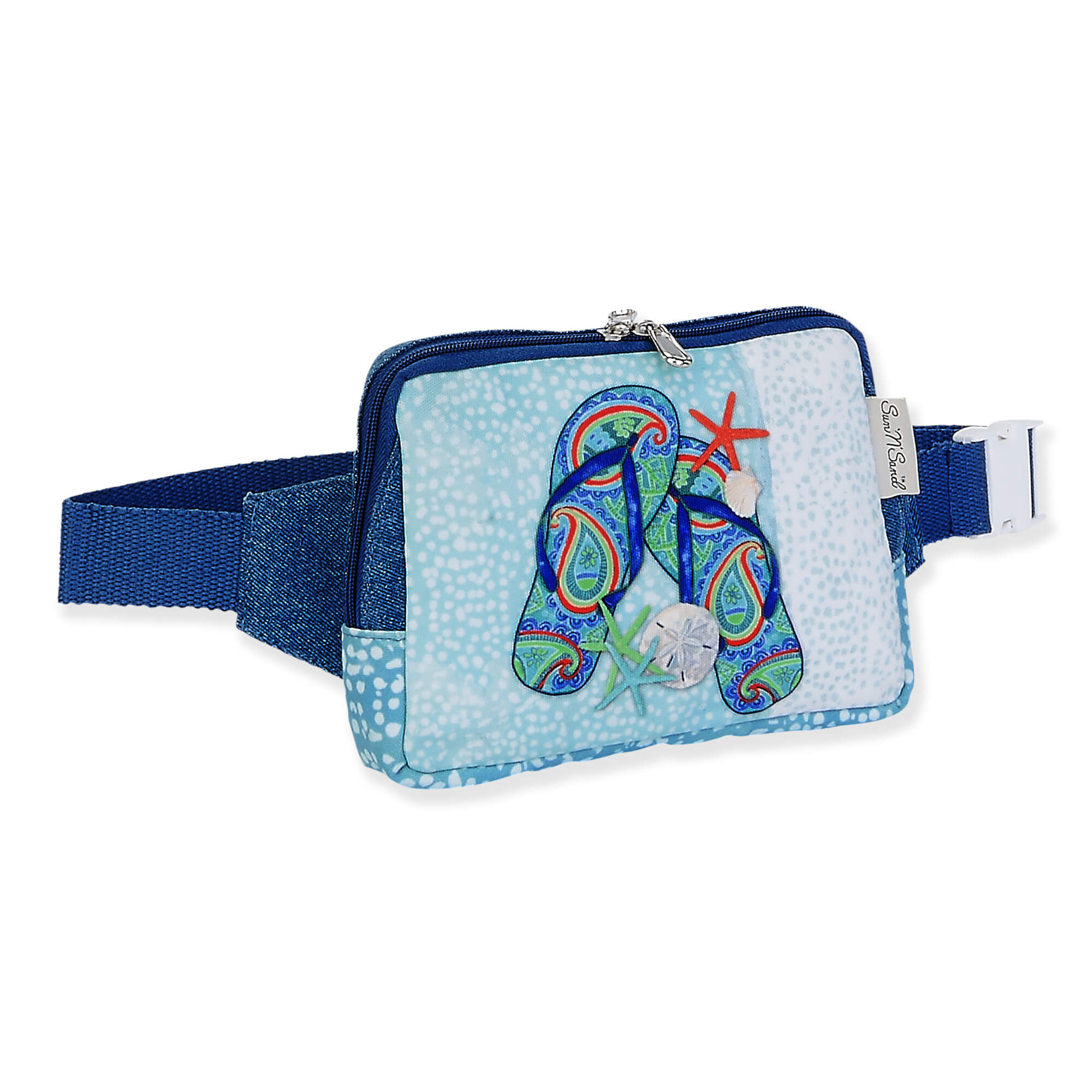 waist bag with embroidered flip flop design, zippered pouch, adjustable navy strap and buckle, angled side view