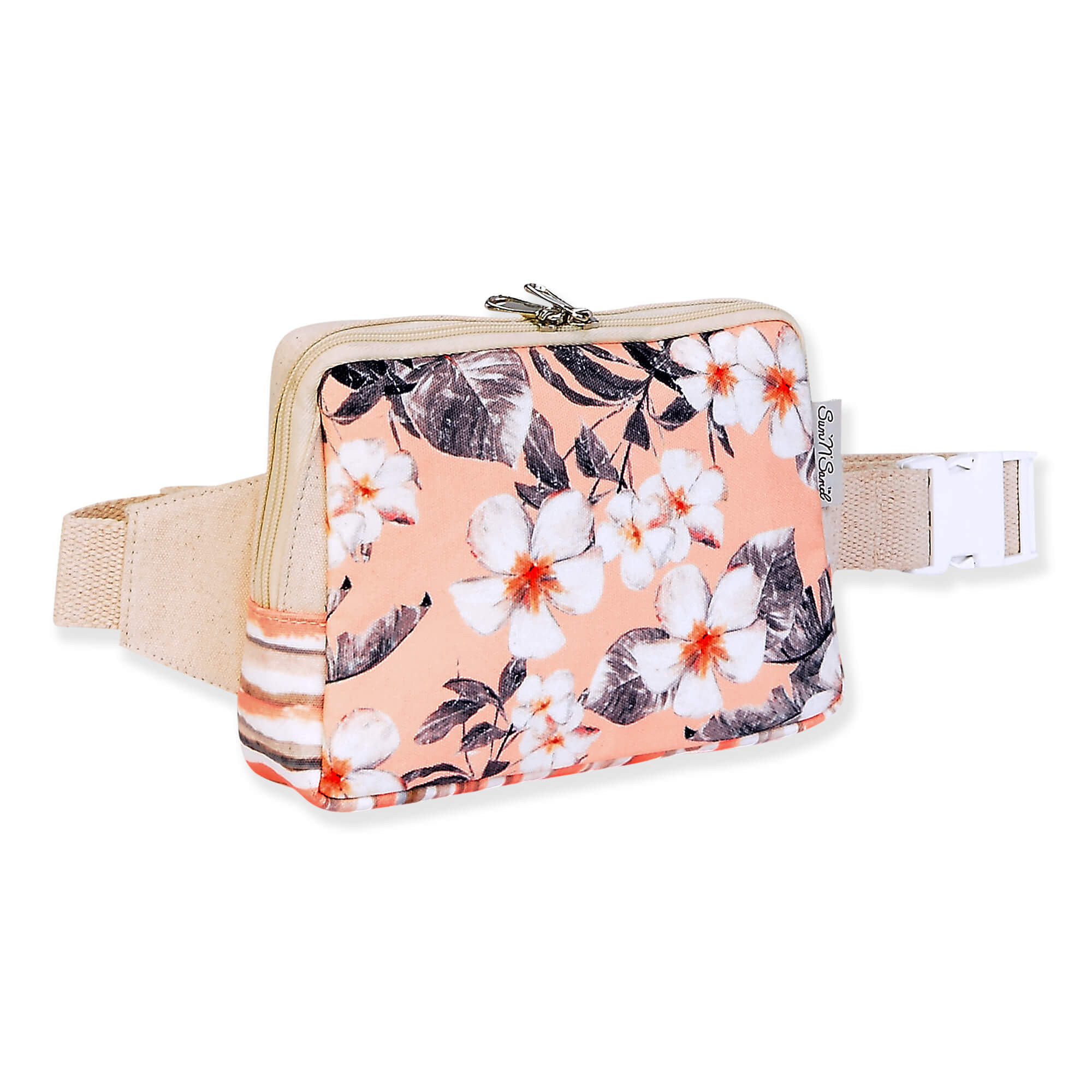 belt bag side view with floral fabric insert, rectangular pouch profile, silver zipper closure, adjustable beige webbed waist strap, studio product image.