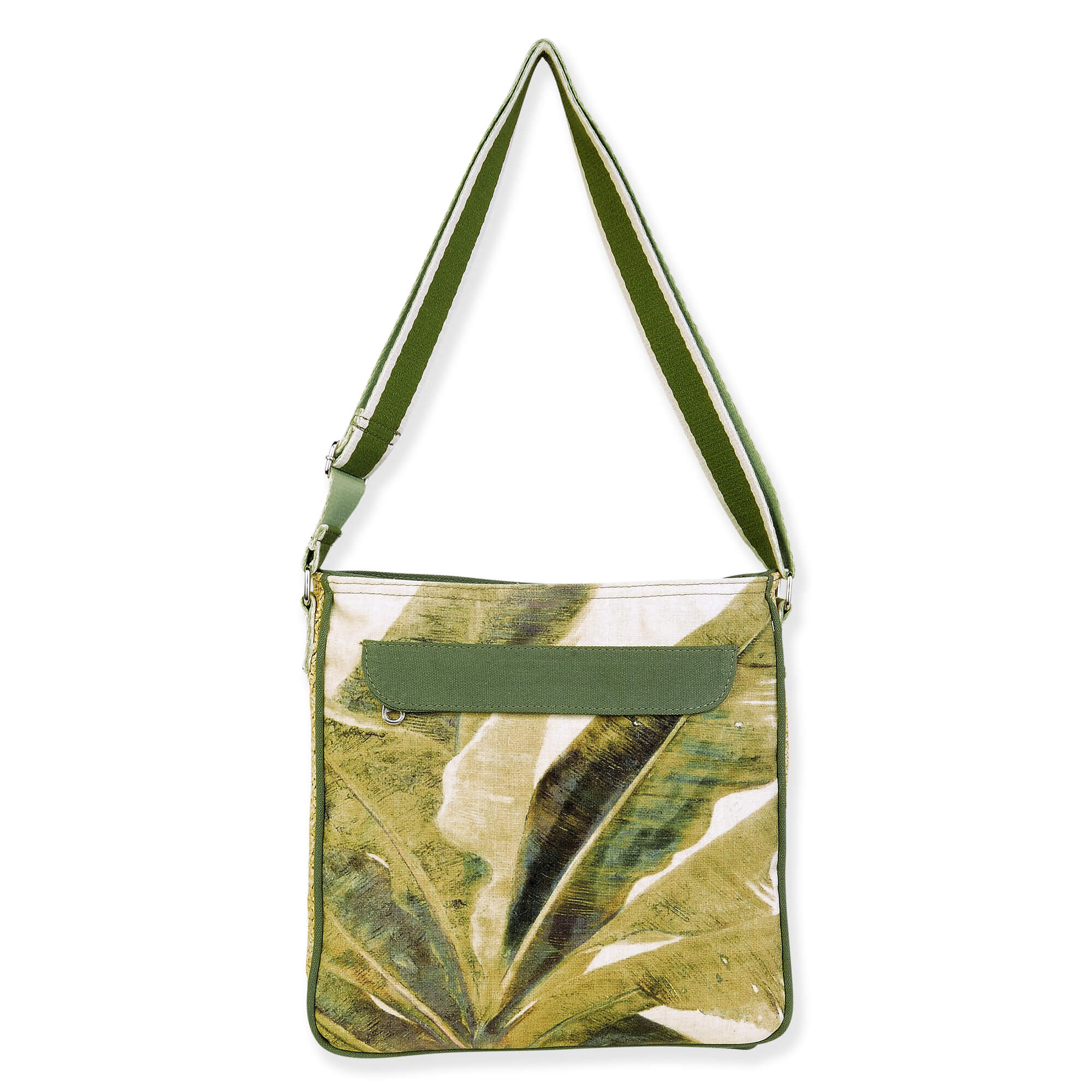 Clear PVC crossbody tote bag back view with olive adjustable shoulder strap, tropical leaf graphic insert, rectangular shape, zipper closure, studio product image.