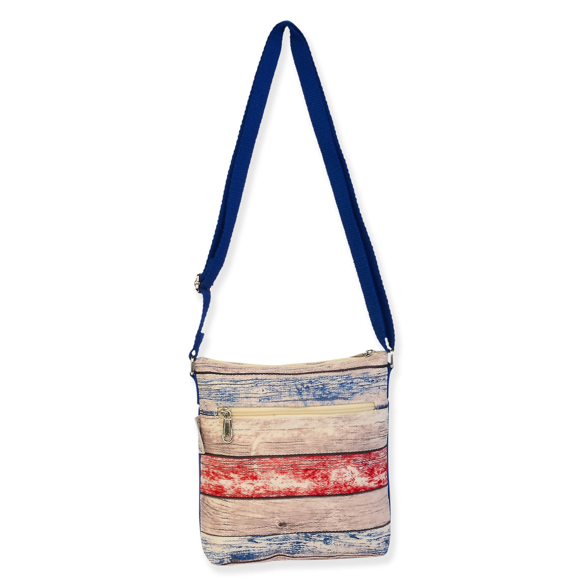 crossbody tote bag back view with navy adjustable shoulder strap, rustic wood‑grain print insert, rectangular silhouette, zipper top, studio product image.