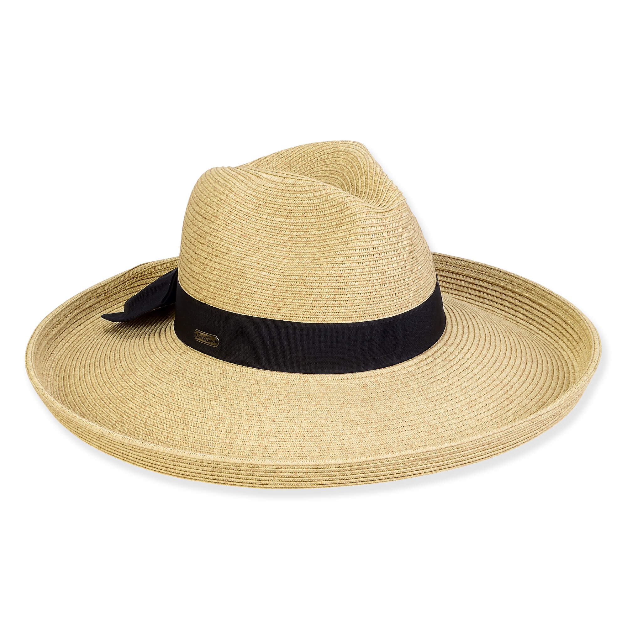 Wide brim woven straw fedora hat with pinched crown, black grosgrain band, clean stitched edge, studio product image, front view.