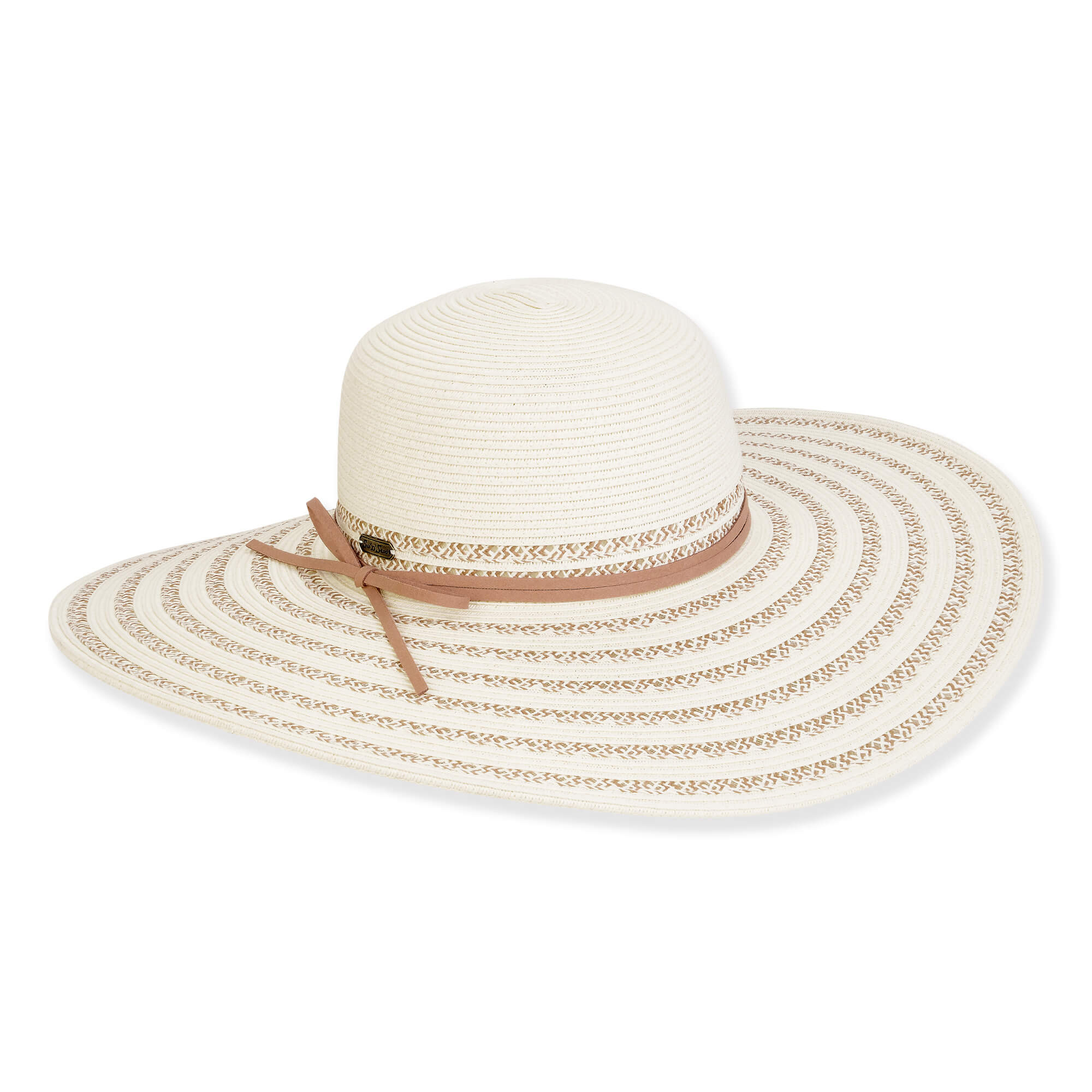 Wide brim woven white straw hat with smooth rounded crown, concentric striped brim pattern, braided rope band, flat profile, studio product image, front view.