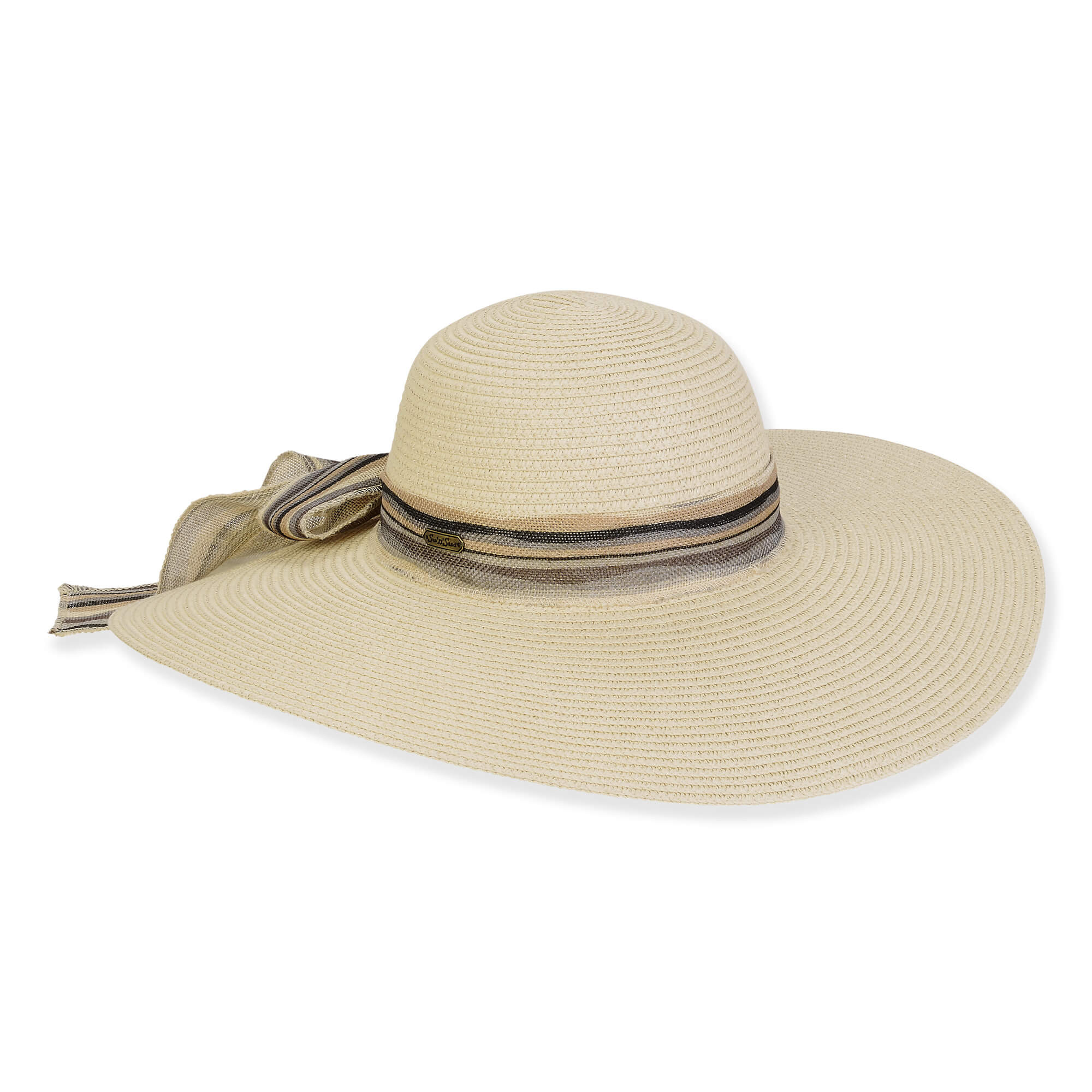 Wide brim woven white straw hat with smooth rounded crown, striped fabric ribbon band, decorative side bow detail, flexible floppy brim, studio product image, angled view.