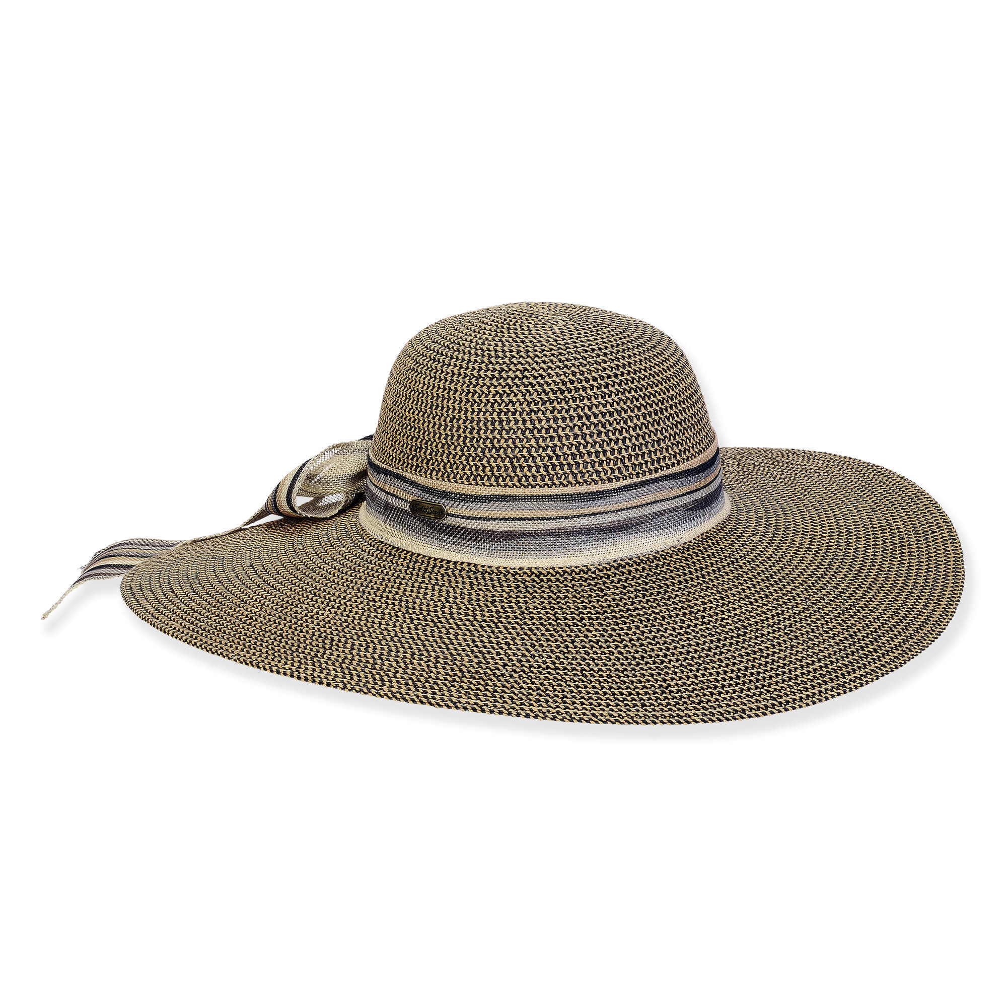 Wide brim woven straw hat with muted olive textured crown, striped fabric ribbon band, decorative side bow detail, flexible floppy brim, studio product image, angled view.