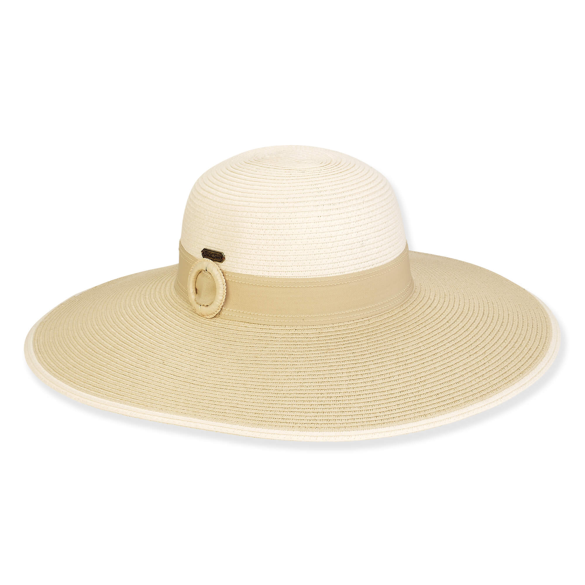 Wide brim woven white straw hat with smooth rounded crown, neutral fabric band, oval gold hardware accent, clean edge brim, studio product image, front view.