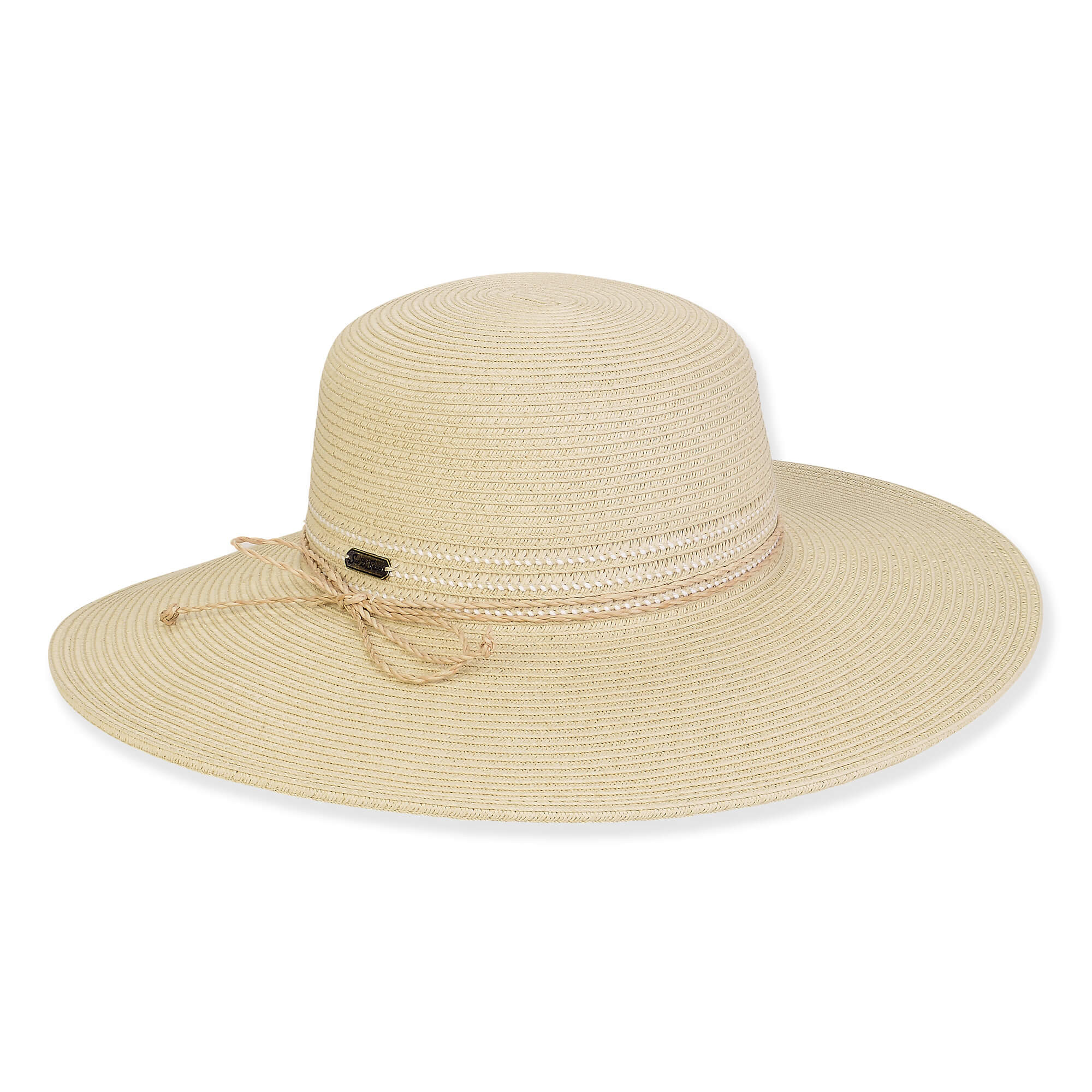 Wide brim woven white straw hat with smooth rounded crown, braided rope band with subtle bow tie, flat brim, studio product image, front view.