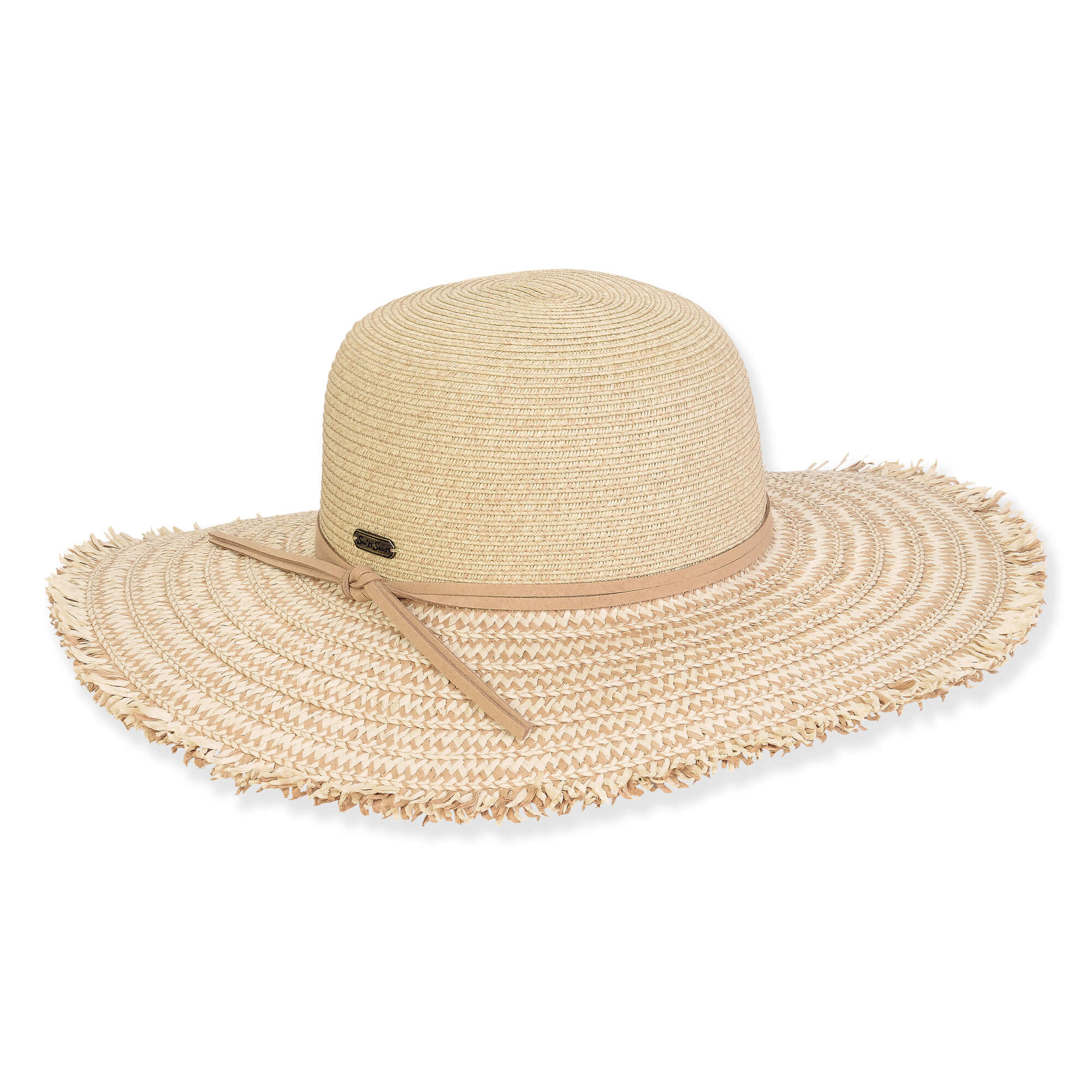 Wide brim woven white straw hat with smooth rounded crown, peach-toned cord band, frayed raw-edge woven brim, studio product image, front view.