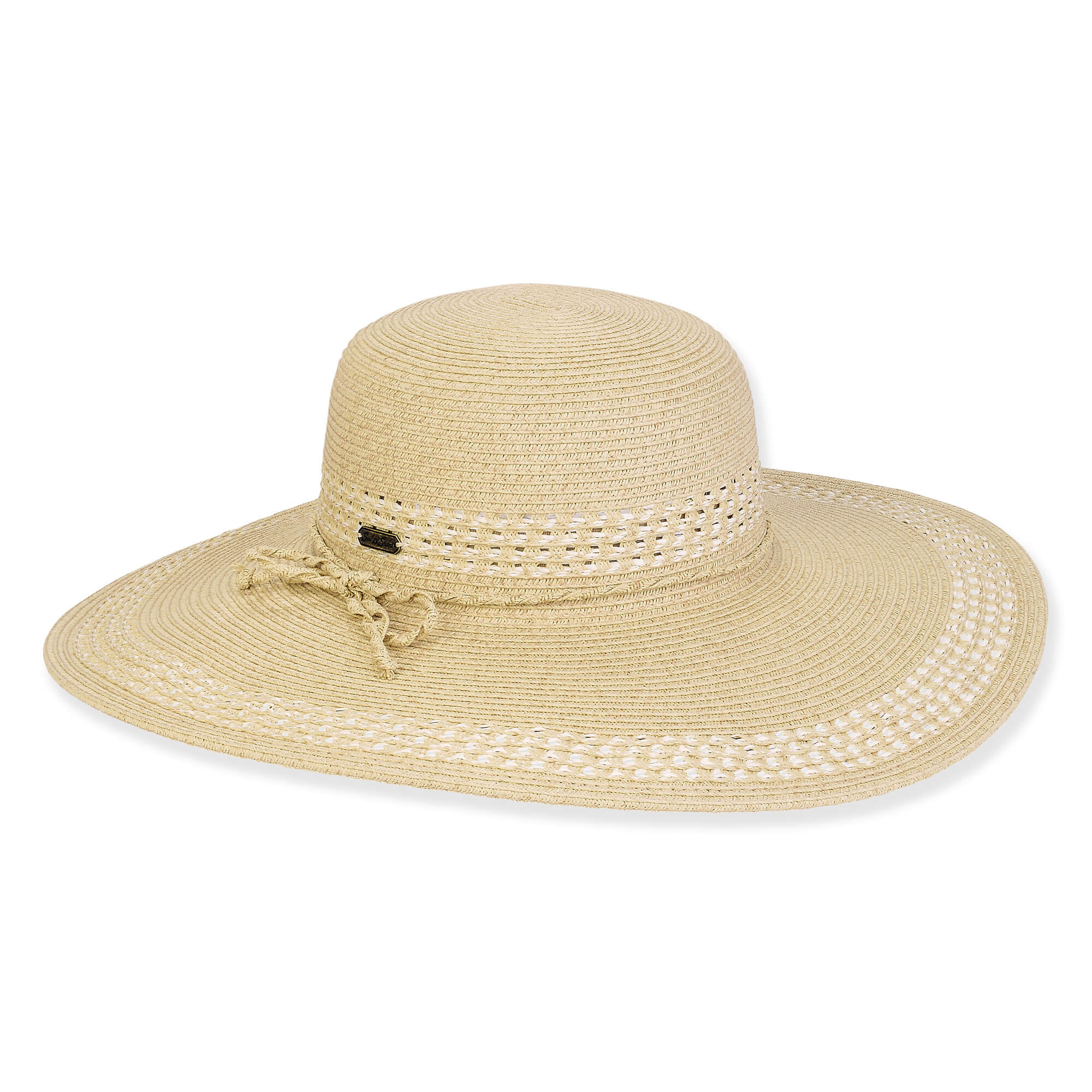 Wide brim woven white straw hat with smooth rounded crown, braided tonal band, knotted bow accent, flat structured brim, studio product image, front view.