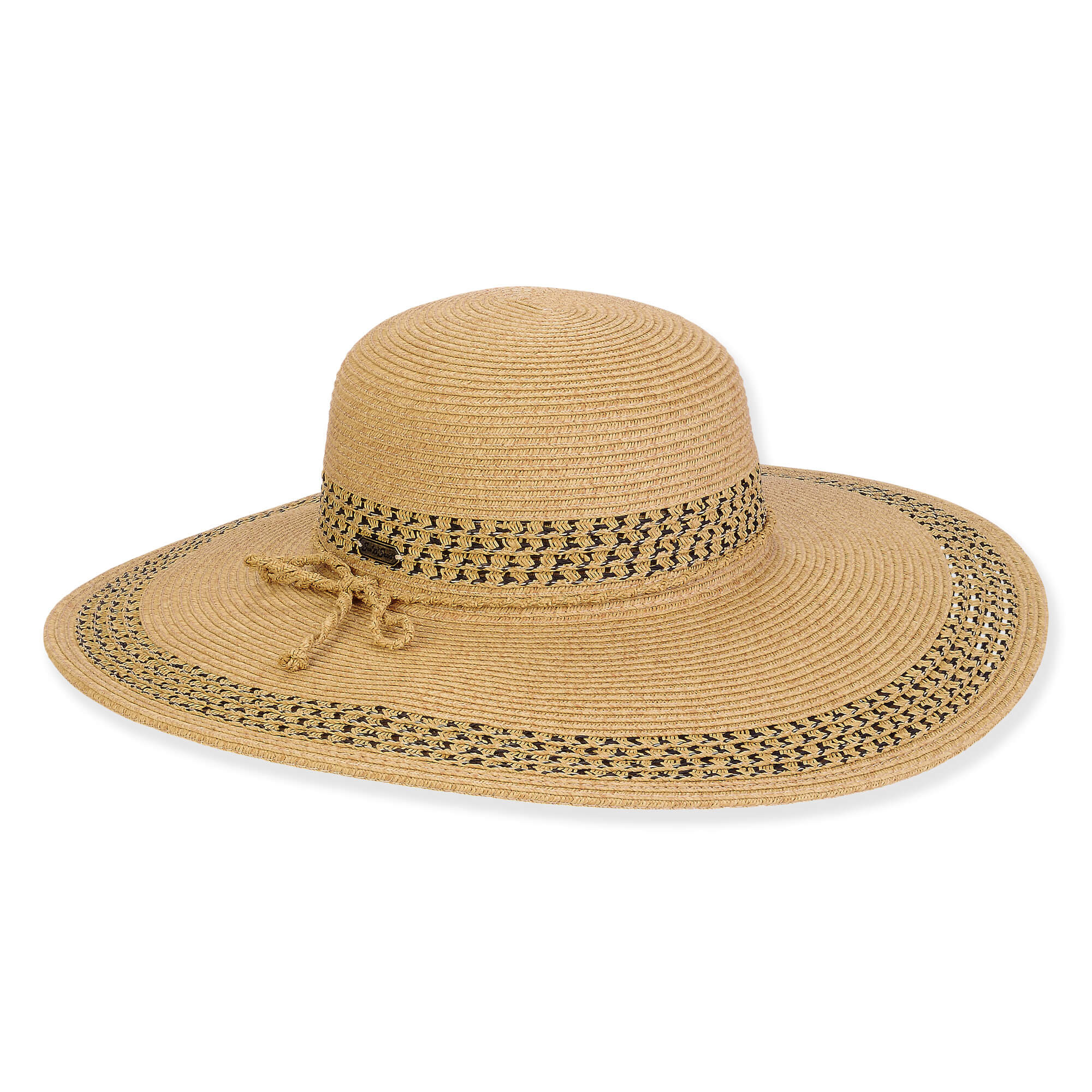 Wide brim woven straw hat with smooth rounded crown, decorative black patterned band, knotted bow detail, flat brim, studio product image, front view.