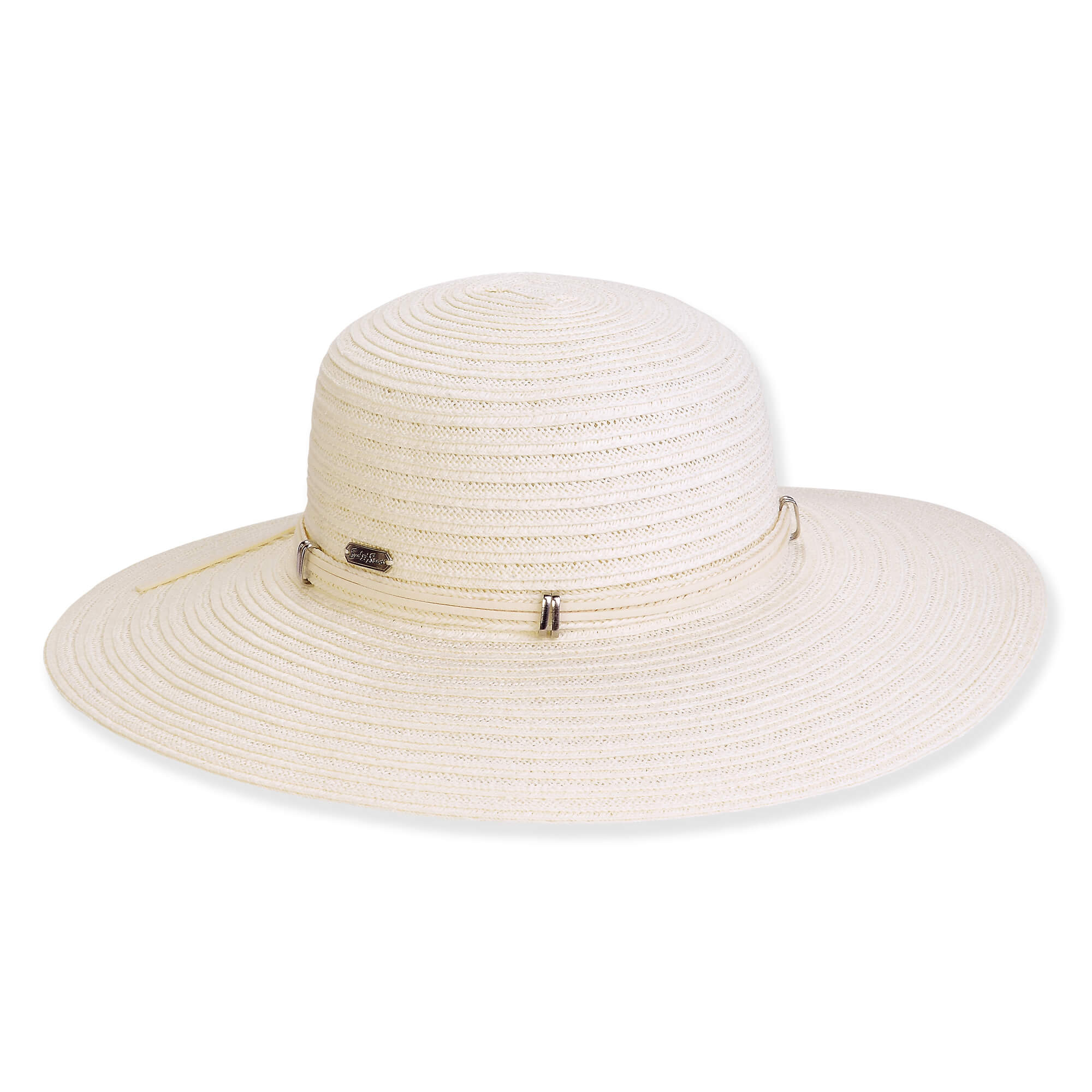 Wide brim woven white straw hat with smooth rounded crown, slim light band with metal accents, flat brim, front view.