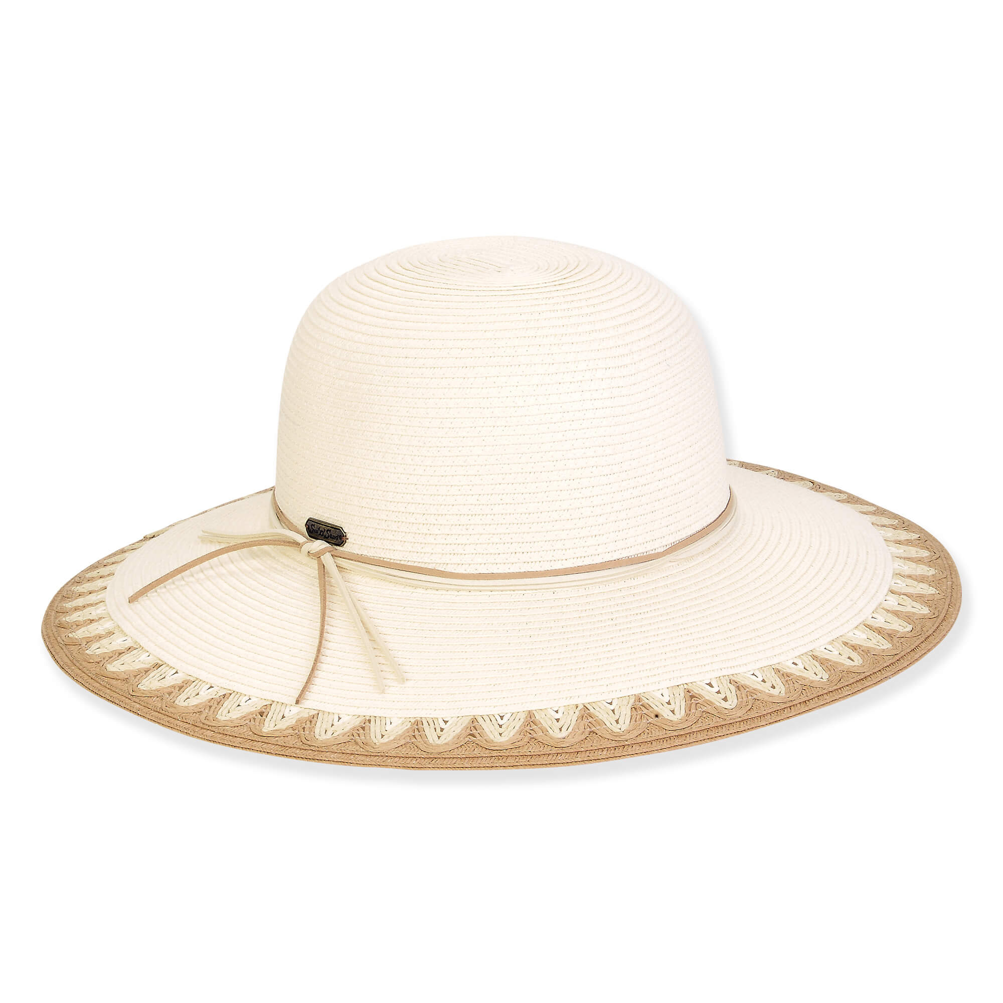 Wide brim woven white straw hat with smooth rounded crown, decorative stitched edge brim, adjustable chin cord toggle, studio product image, front view.