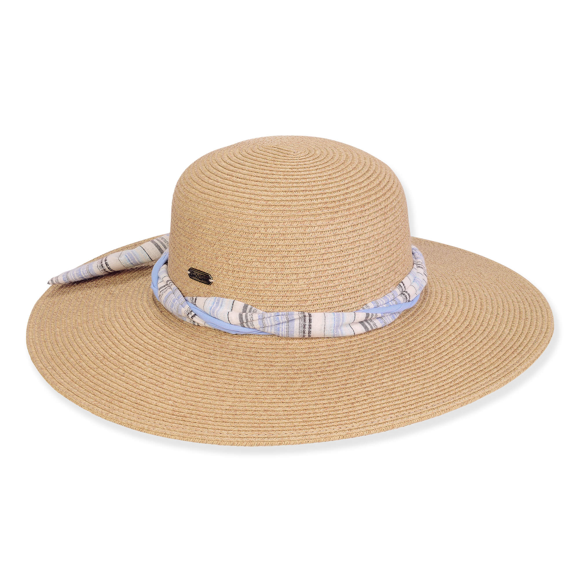Wide brim woven straw hat with smooth textured crown, blue plaid fabric tie band detail, flat top shape, front view.