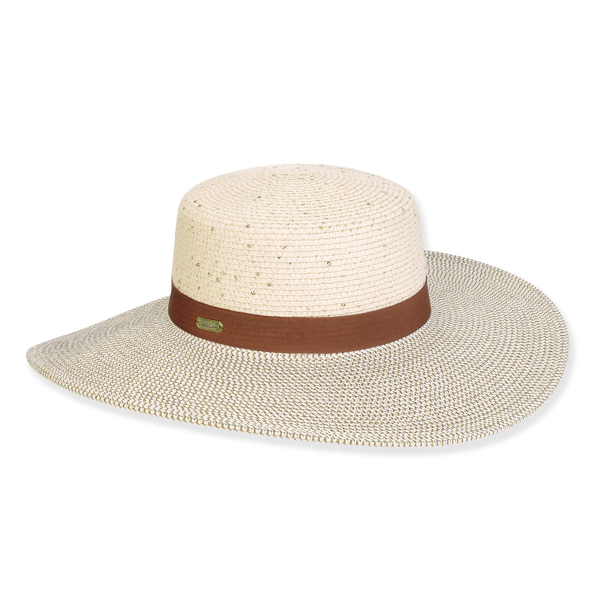 Wide brim woven white straw hat with ventilated textured crown, brown fabric band accent, flat structured profile, clean edge brim, studio product image, front view.