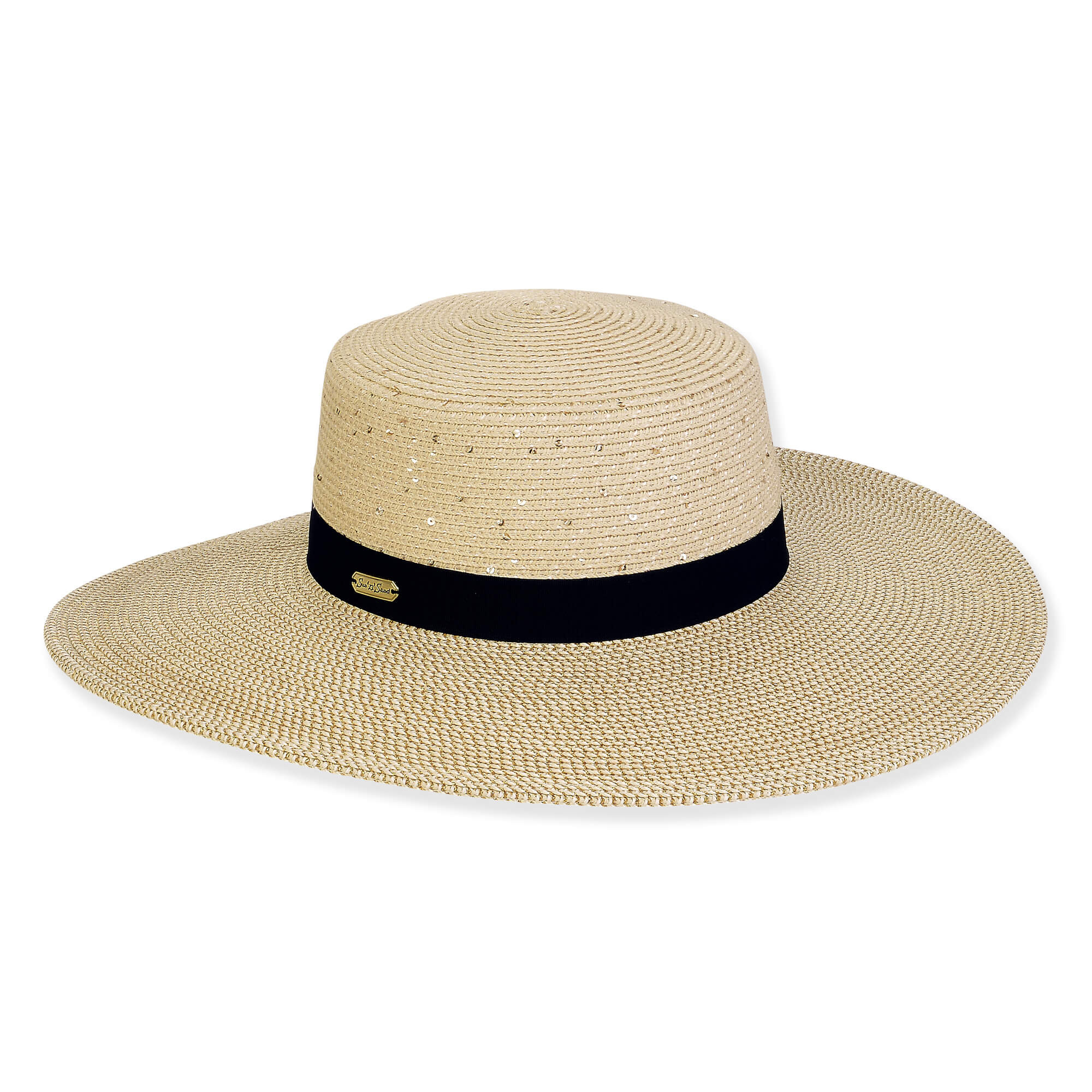 Wide brim woven white straw hat with smooth textured crown, pink striped fabric band tie, pastel edge trim, flat top, studio product image, front view.