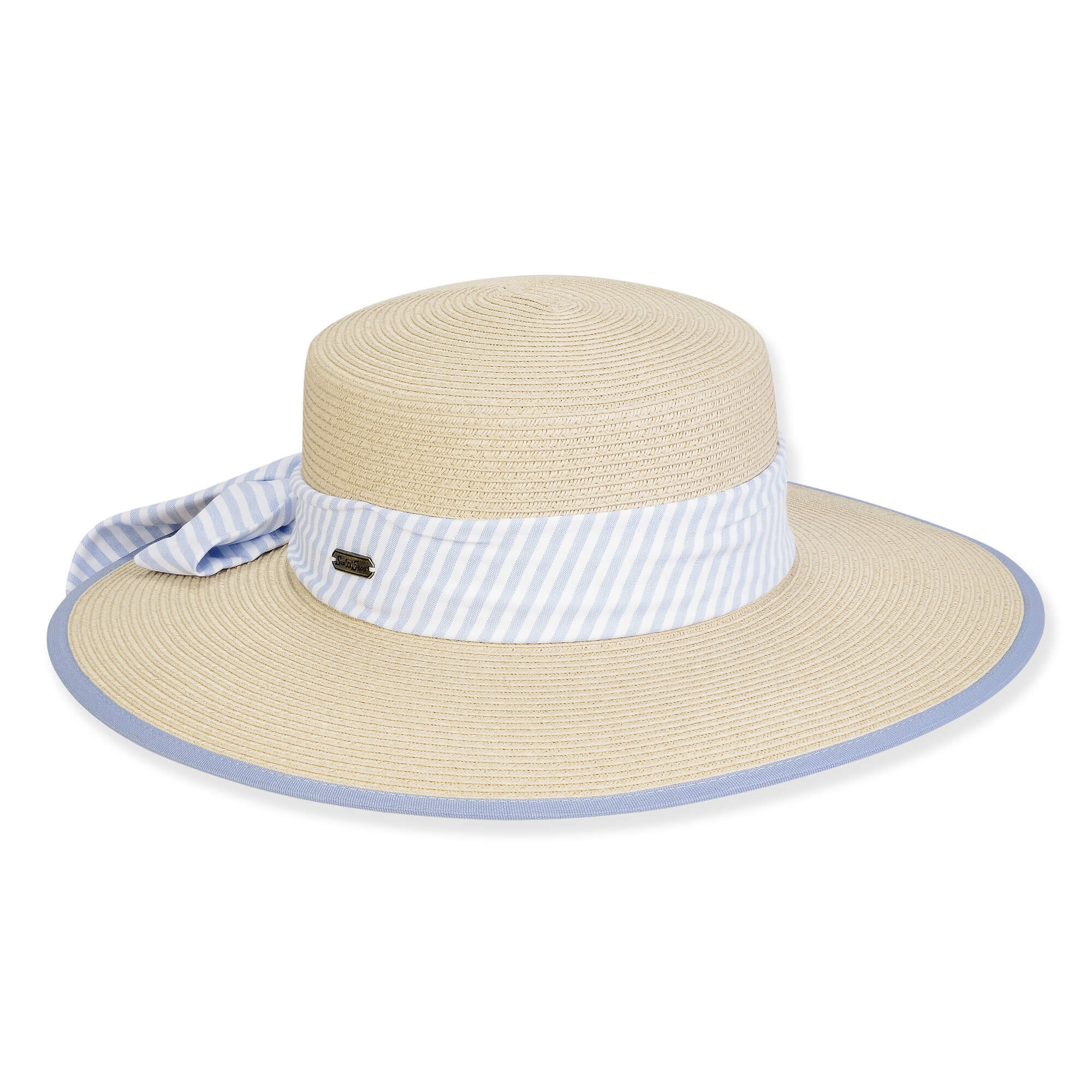Wide brim woven straw hat with smooth textured crown, light blue striped fabric band tie detail, flat top shape, studio product image, front view.