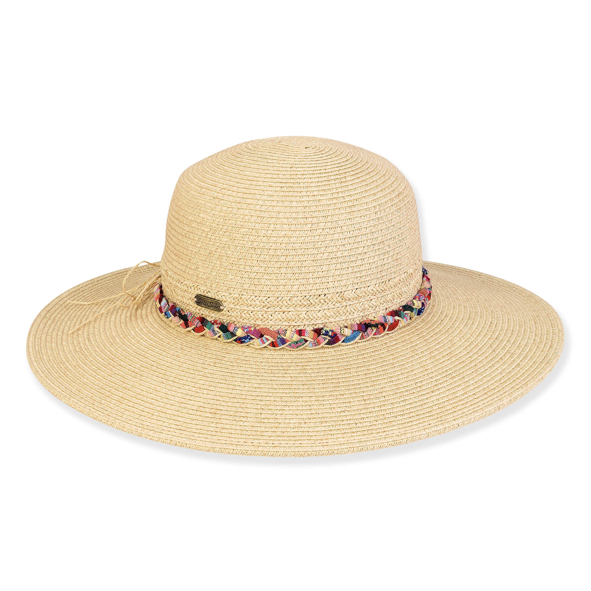Wide brim woven straw hat with smooth textured crown, multicolor braided cord band detail, flat top profile, clean edge brim, studio product image, front view.