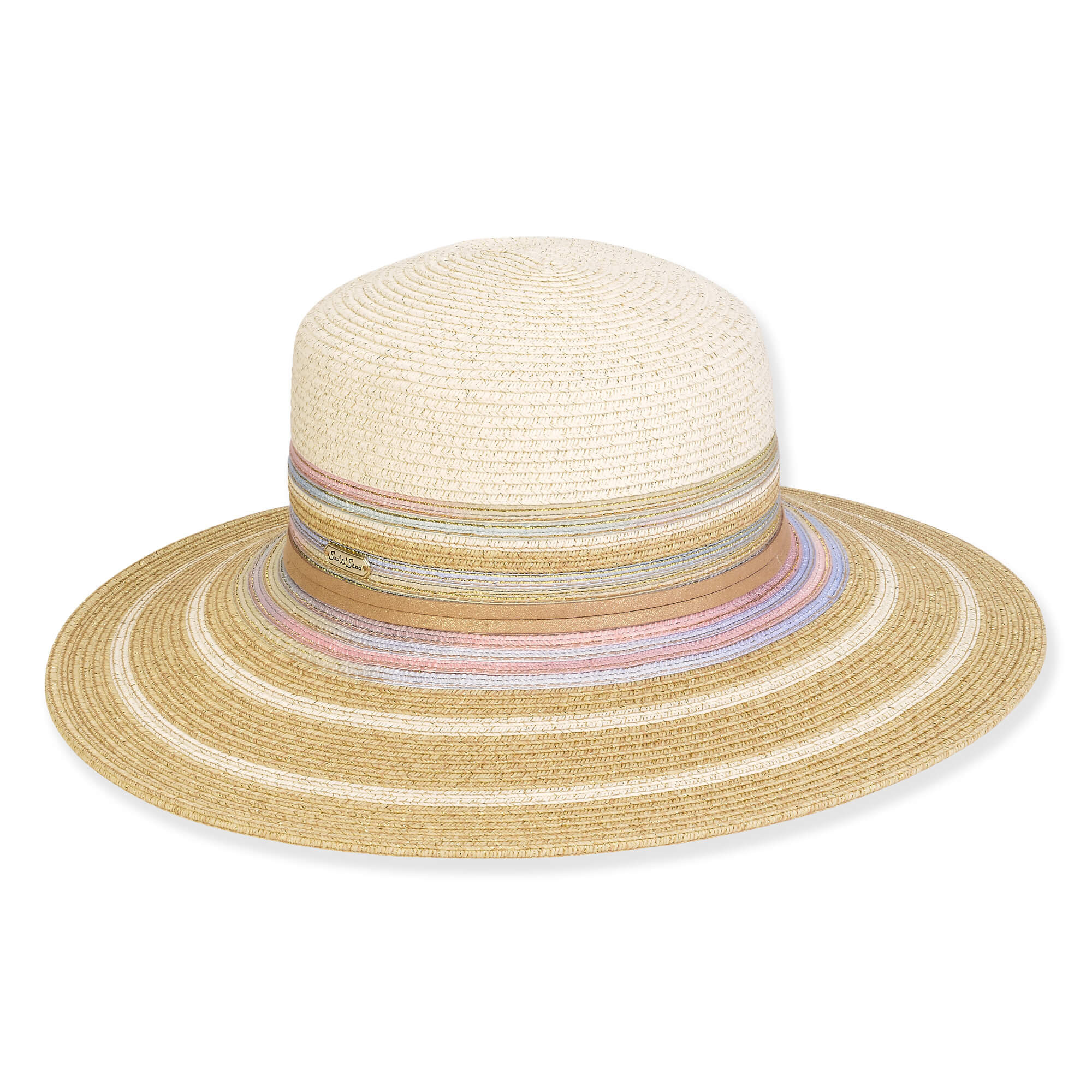 Wide brim woven white straw hat with smooth textured crown, pastel striped ribbon band, concentric multicolor brim pattern, studio image.