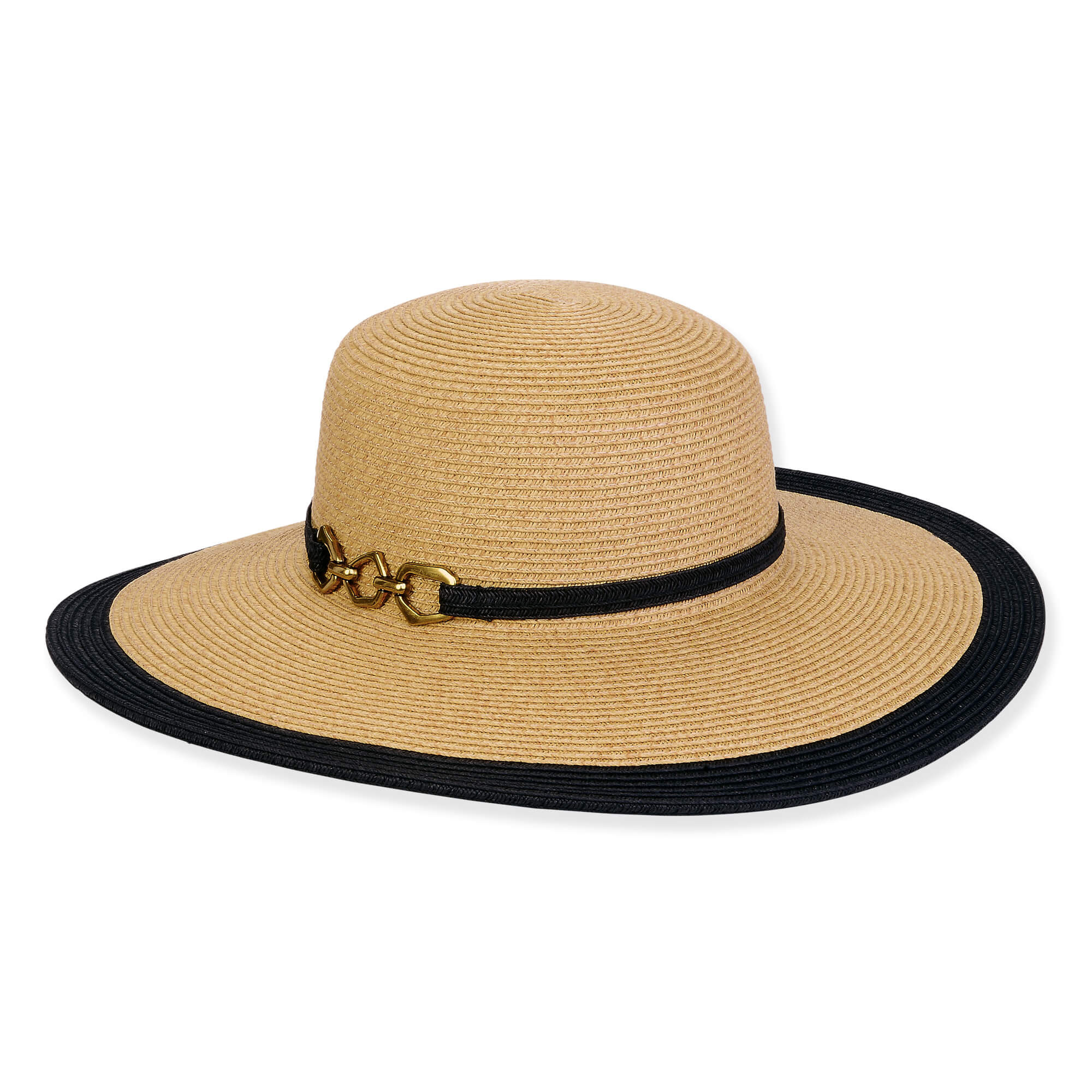 Wide brim woven straw hat with structured crown, black contrast edge brim, black band, gold hardware accent, studio product image, side view.