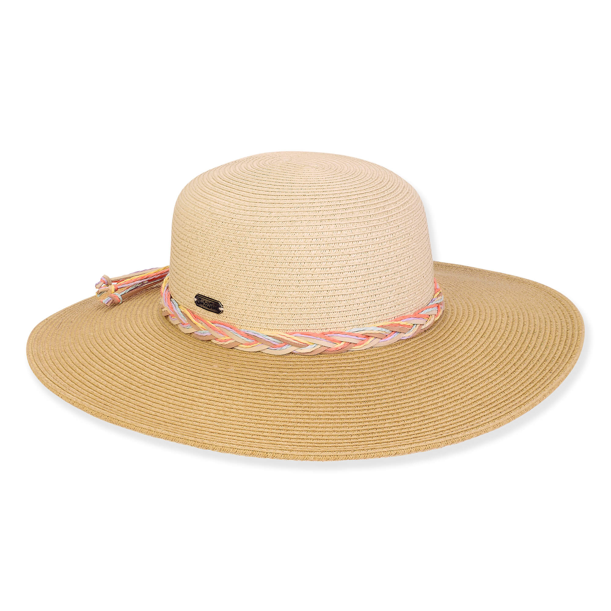 Wide brim woven straw hat with smooth textured crown, peach pink twisted cord band, flat top profile, studio product image, front view.