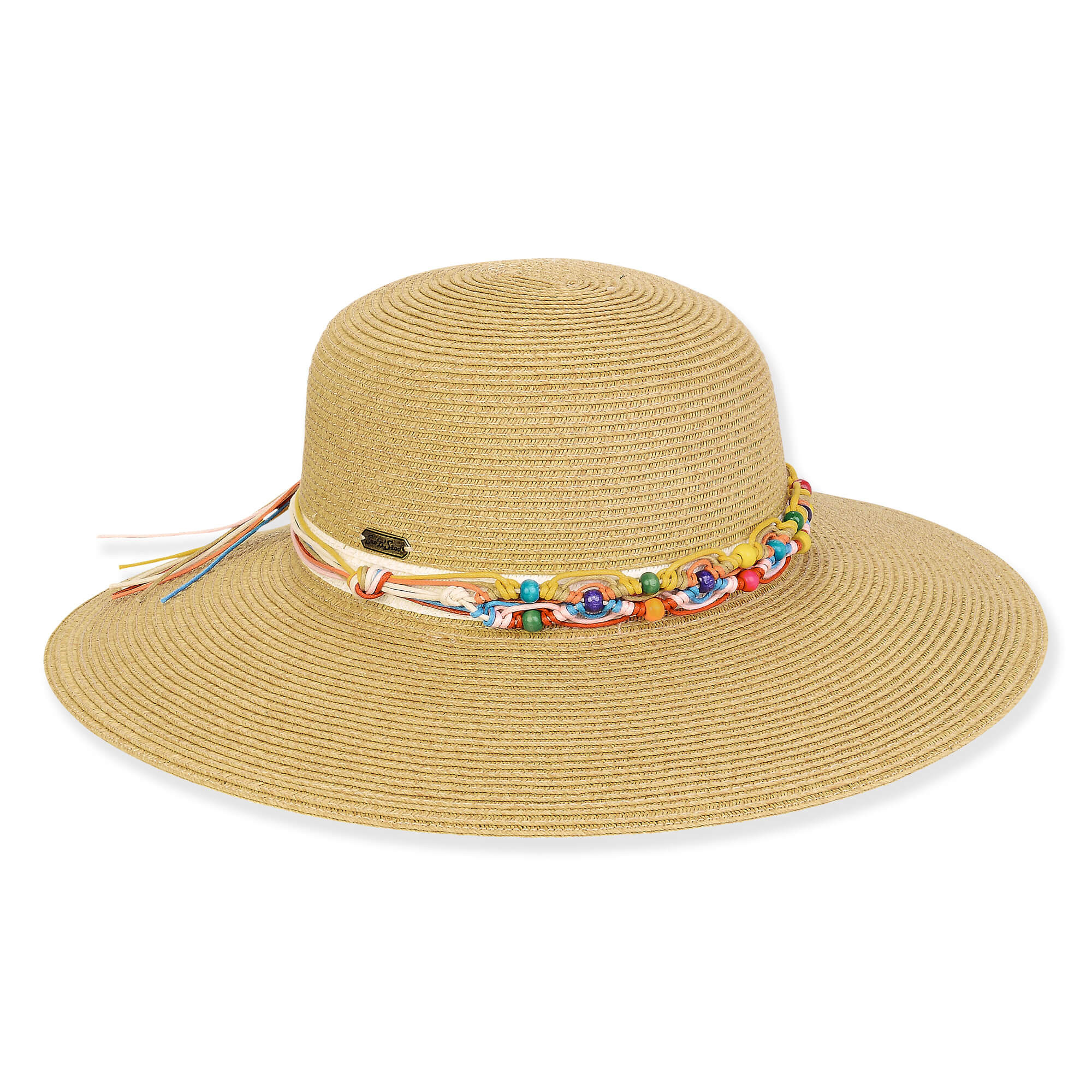 Wide brim woven straw hat with smooth textured crown, multicolor beaded band detail, rounded top shape, studio product image, front view.