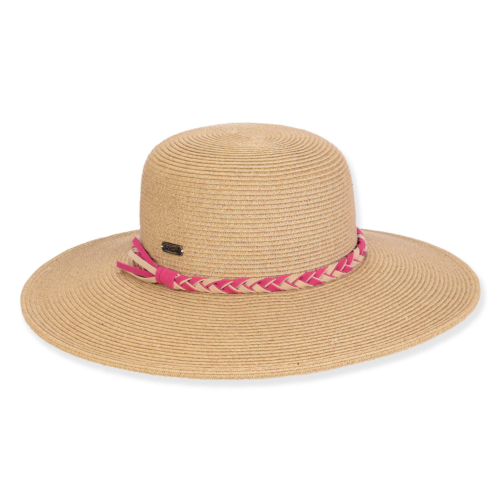 Wide brim woven straw hat with textured crown, pink braided cord band, flat top shape, studio product image, front view.