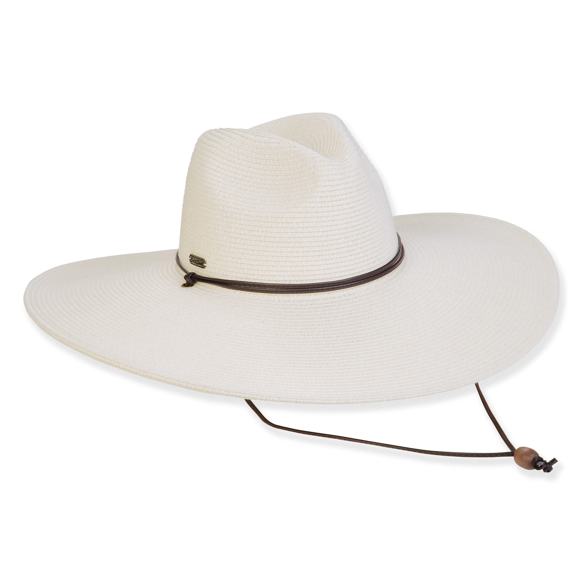 Wide brim woven straw hat with smooth white textured crown, slim dark band, adjustable chin cord with toggle, studio product image, side view.