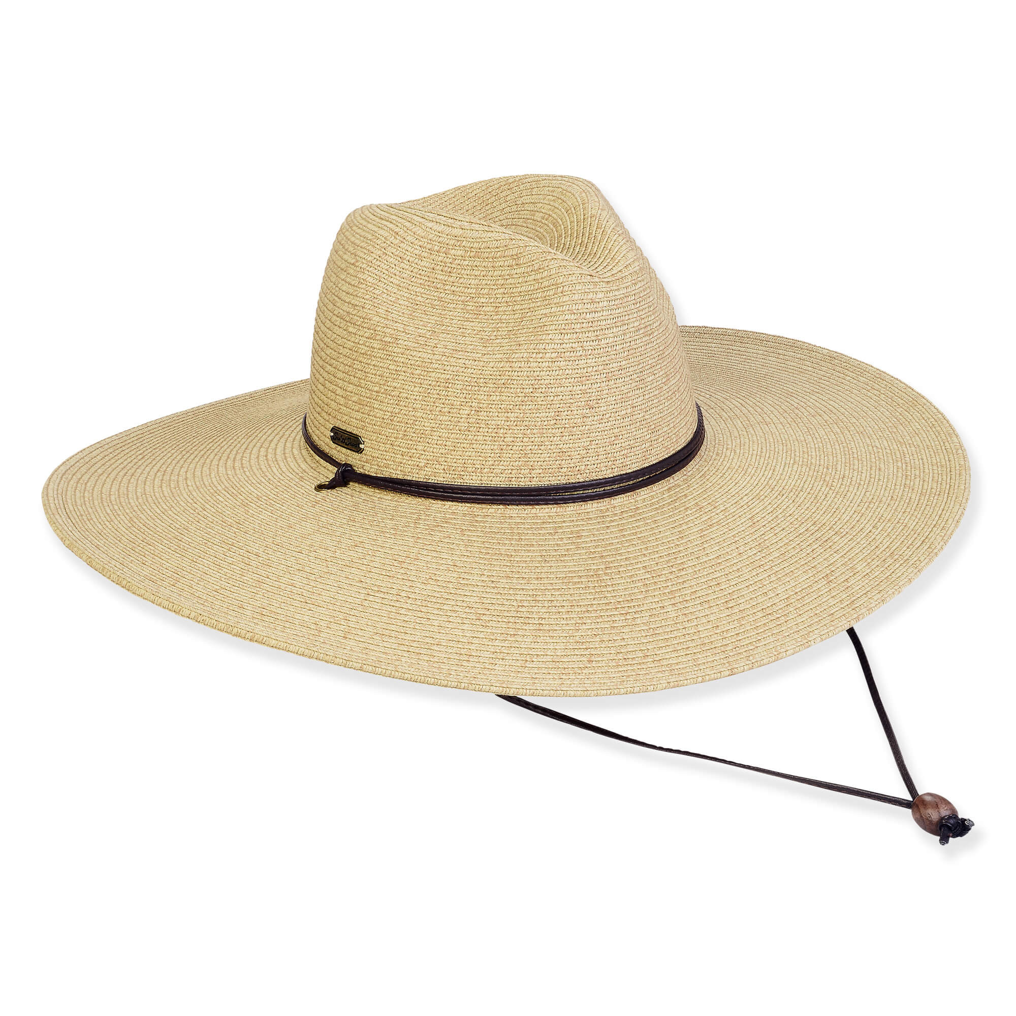 Wide brim woven straw hat with smooth textured crown, dark contrast band, adjustable chin cord with stopper, studio product image, side view.