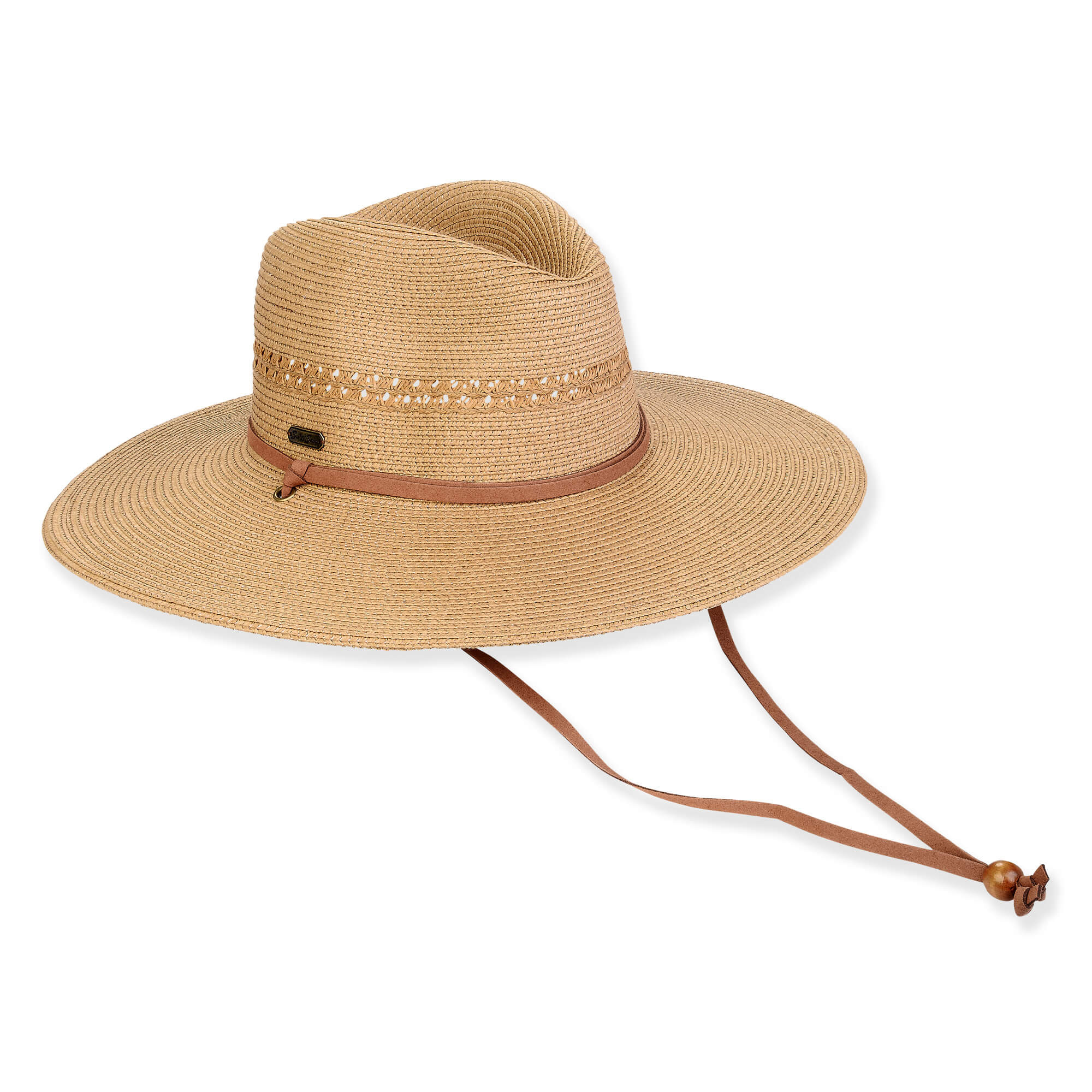 Wide brim woven straw hat with ventilated crown, braided band detail, adjustable chin cord with toggle, product image, side view.