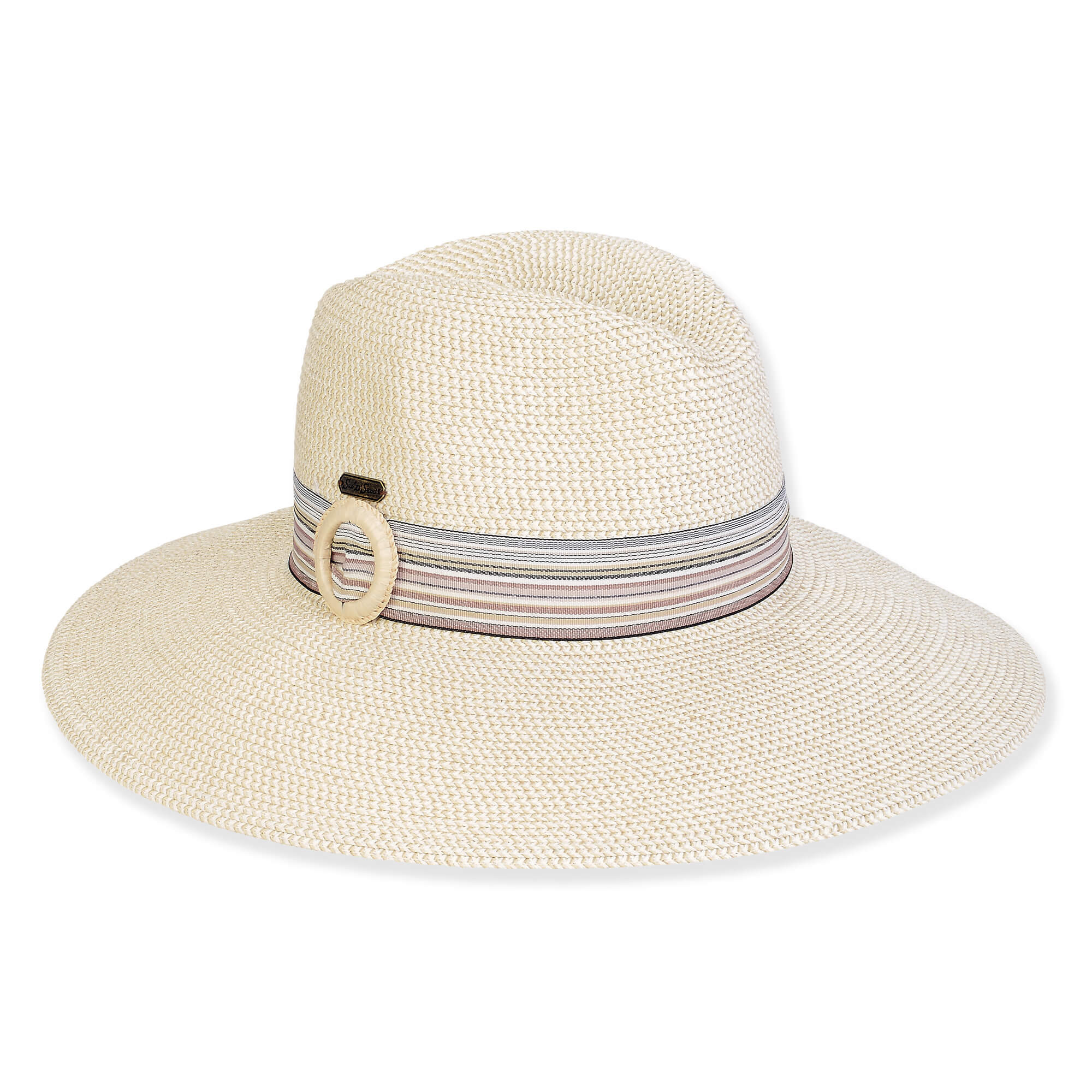 Wide brim woven straw hat with textured crown, pastel striped band, circular buckle hardware, studio product image, front angled view.