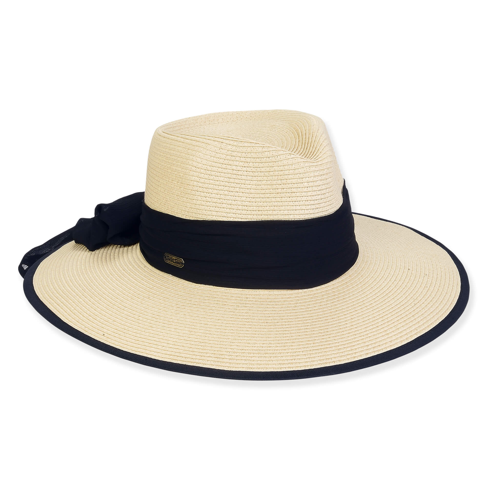 Three-quarter view of a tan woven straw fedora featuring a pinched crown, tonal fabric sash, and cream piped brim edge.