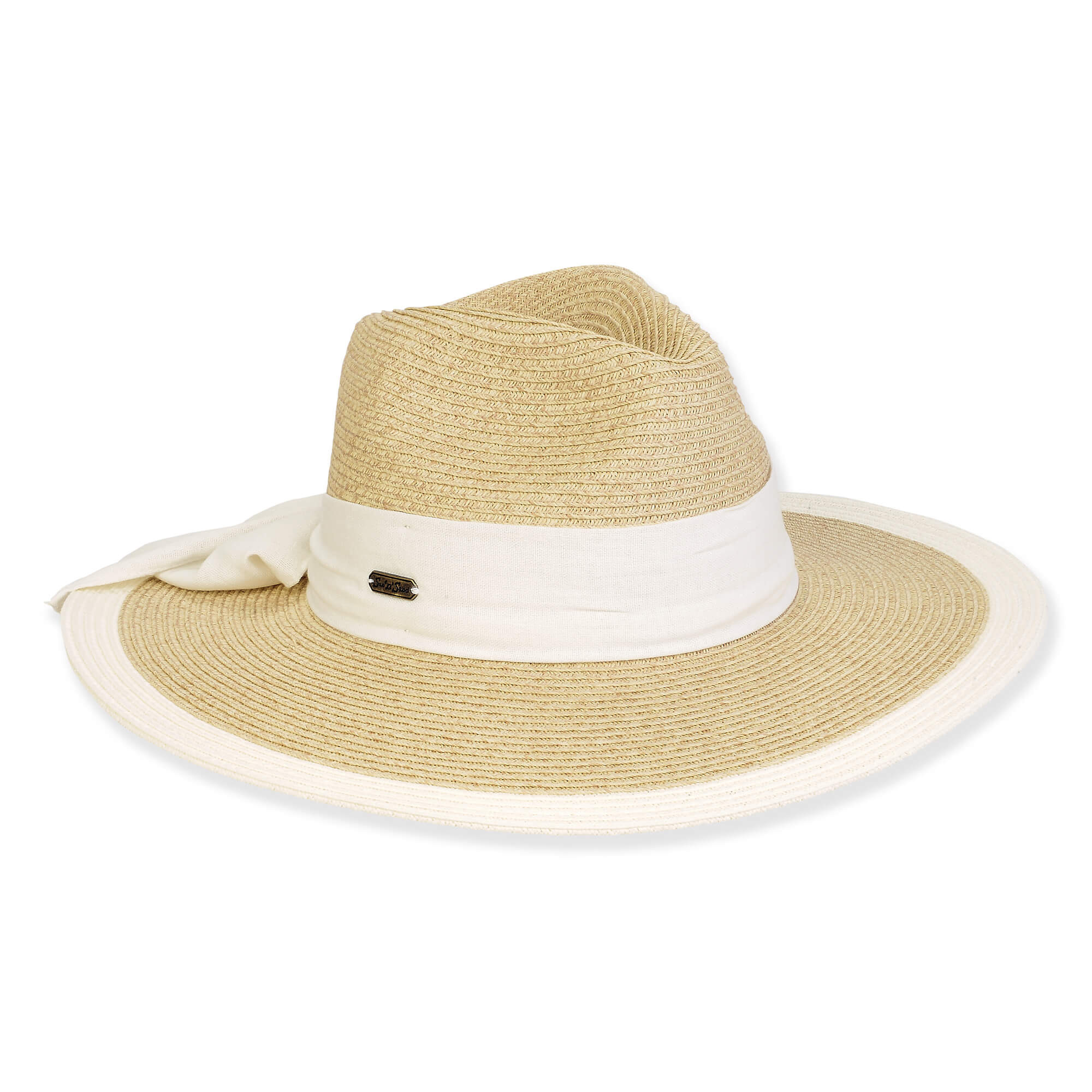 Three-quarter view of a tan woven straw fedora featuring a pinched crown, tonal fabric sash, and cream piped brim edge.