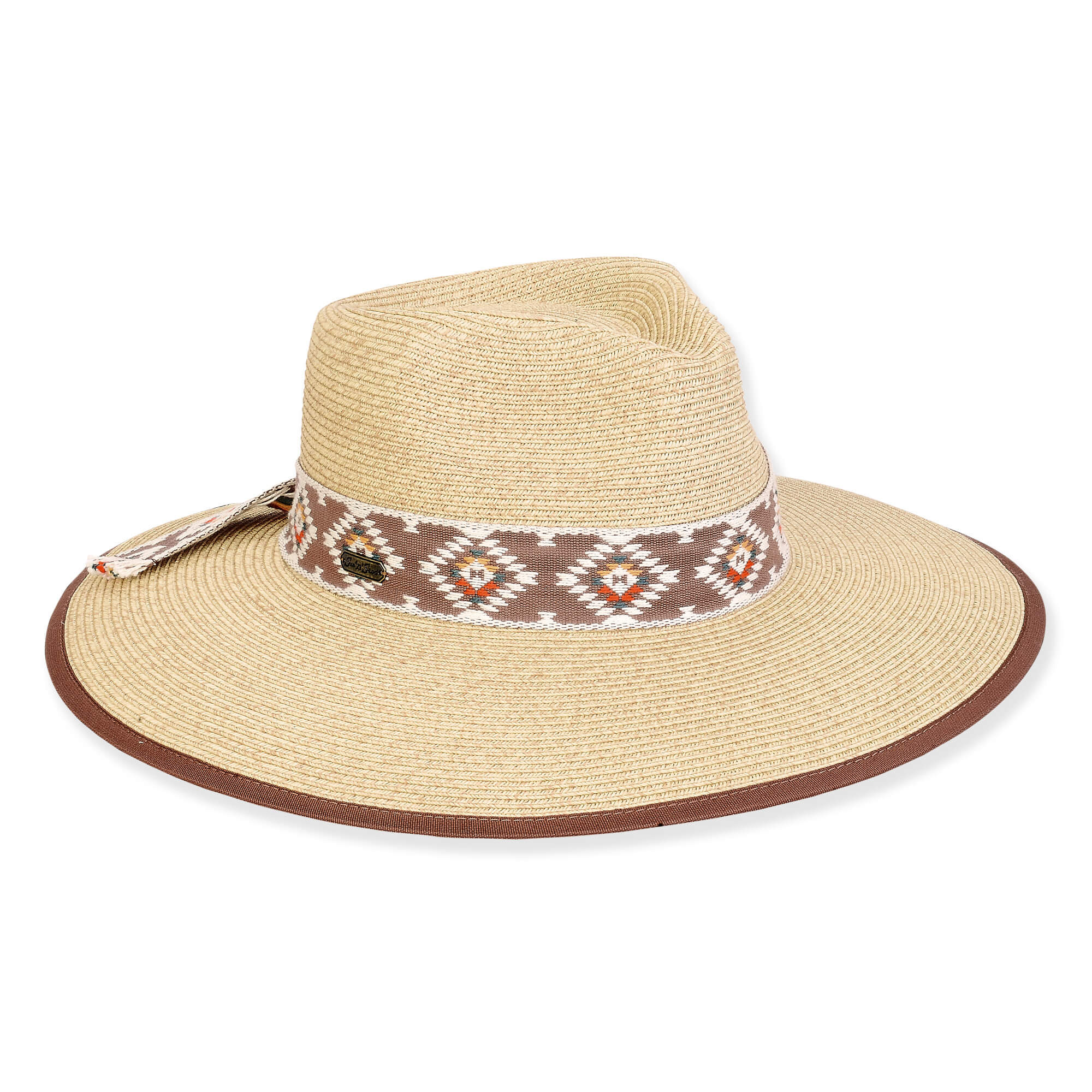 Three-quarter view of a cream woven straw fedora featuring a pinched crown, geometric patterned fabric band, and brown piped brim edge.