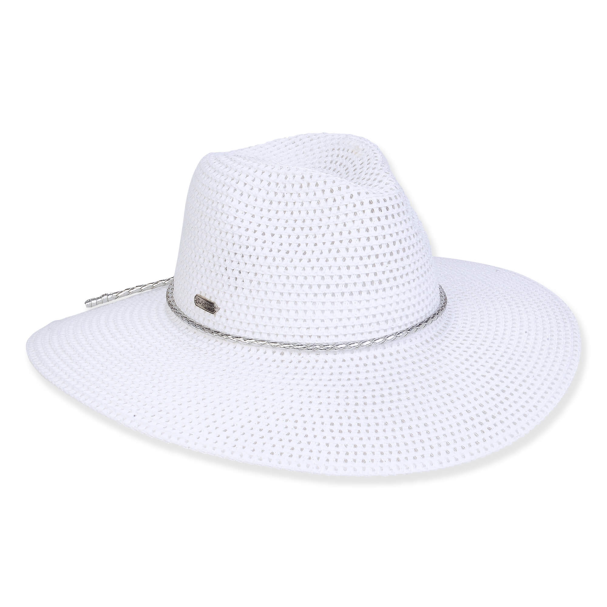 Three-quarter view of a white woven straw fedora featuring a pinched crown and a thin metallic silver corded band.