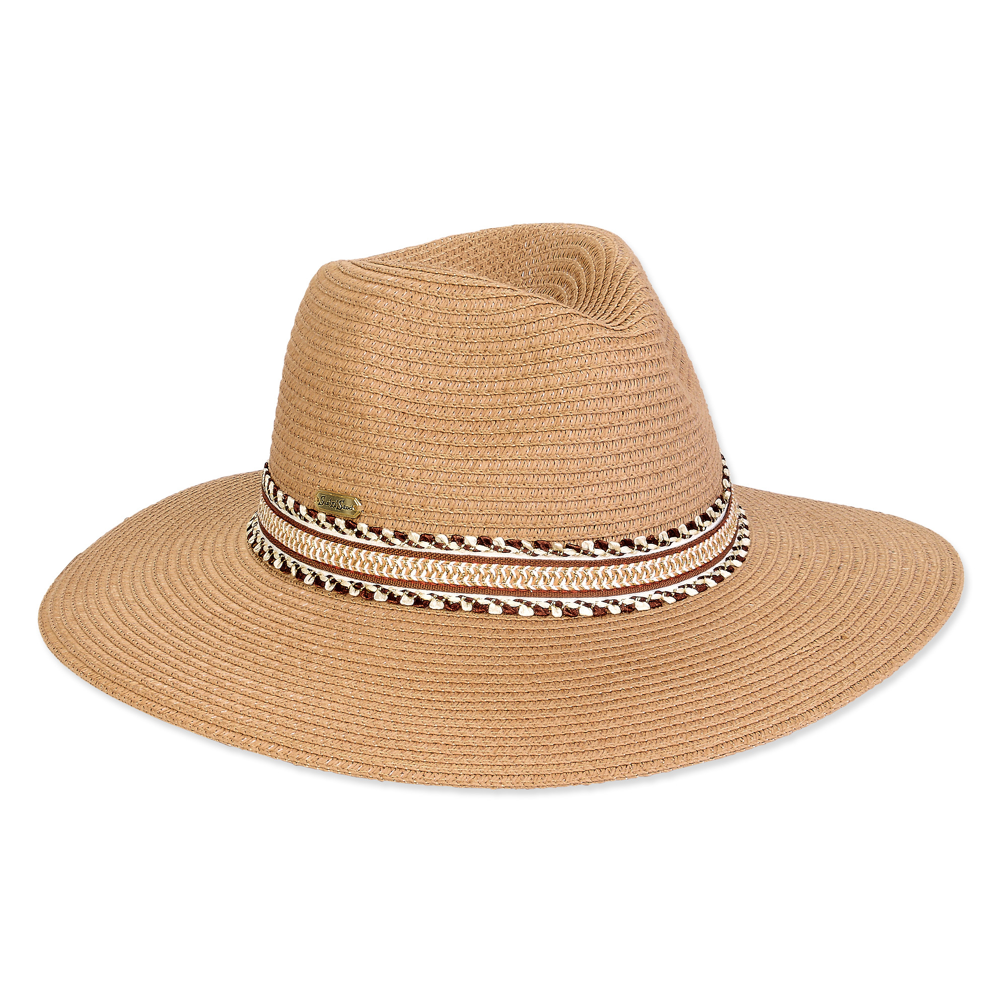 Three-quarter view of a tan woven straw fedora featuring a pinched crown and a colorful patterned fabric band.