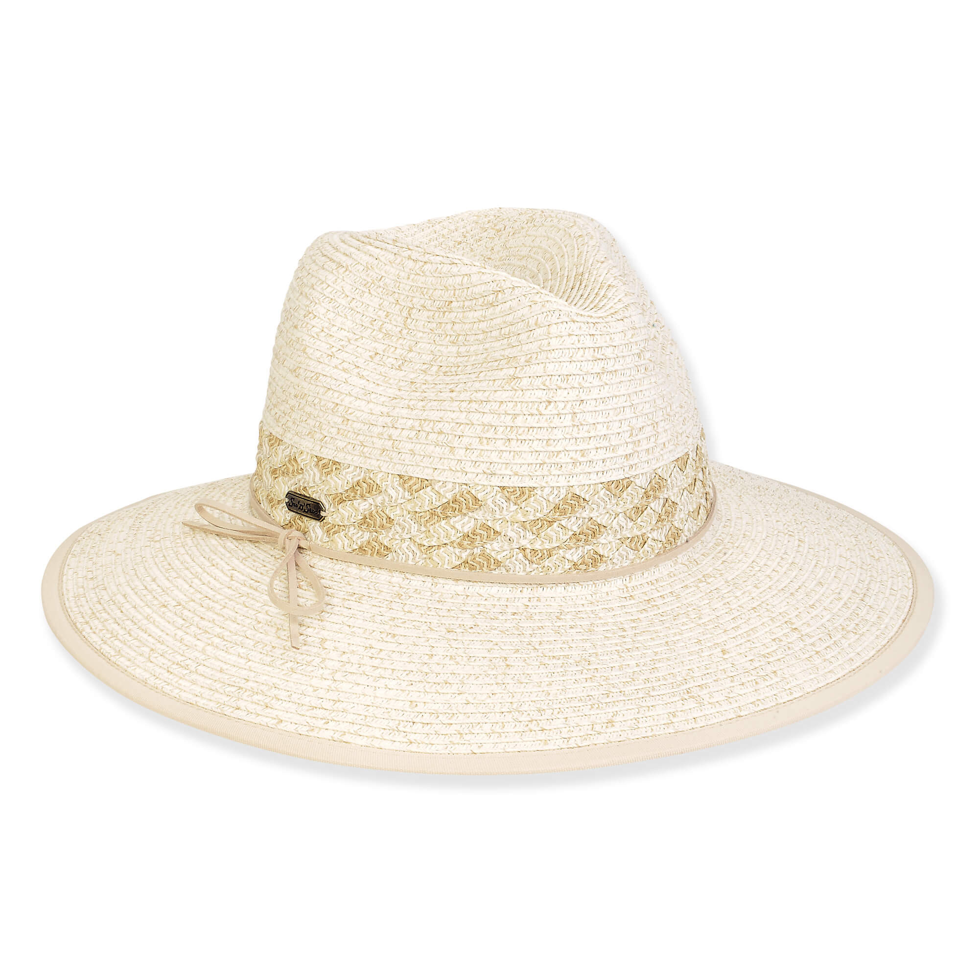 Three-quarter view of a cream woven straw fedora featuring a pinched crown and a tan chevron-patterned fabric band.