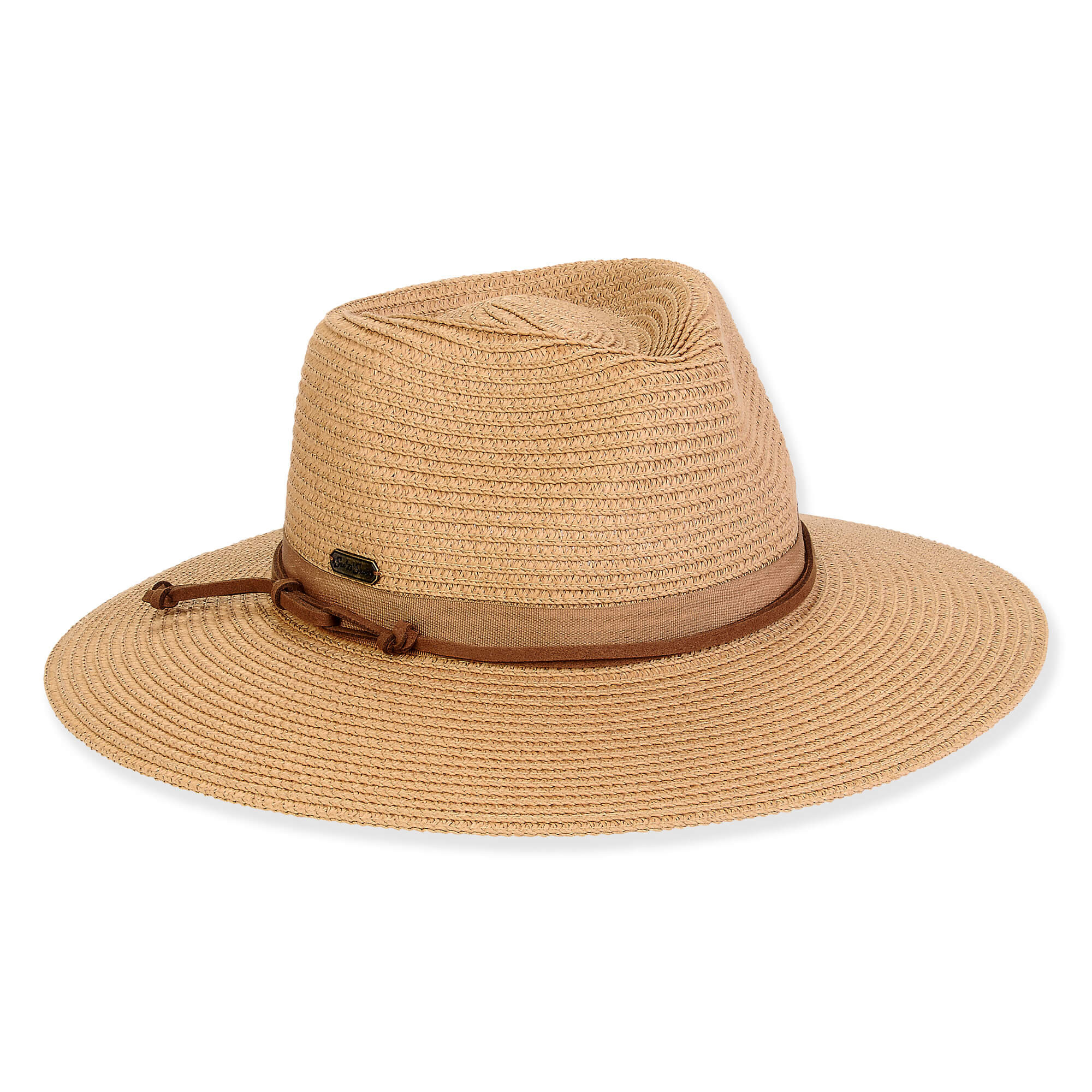 Three-quarter view of a natural tan woven straw fedora featuring a pinched crown and a dual-material corded band.