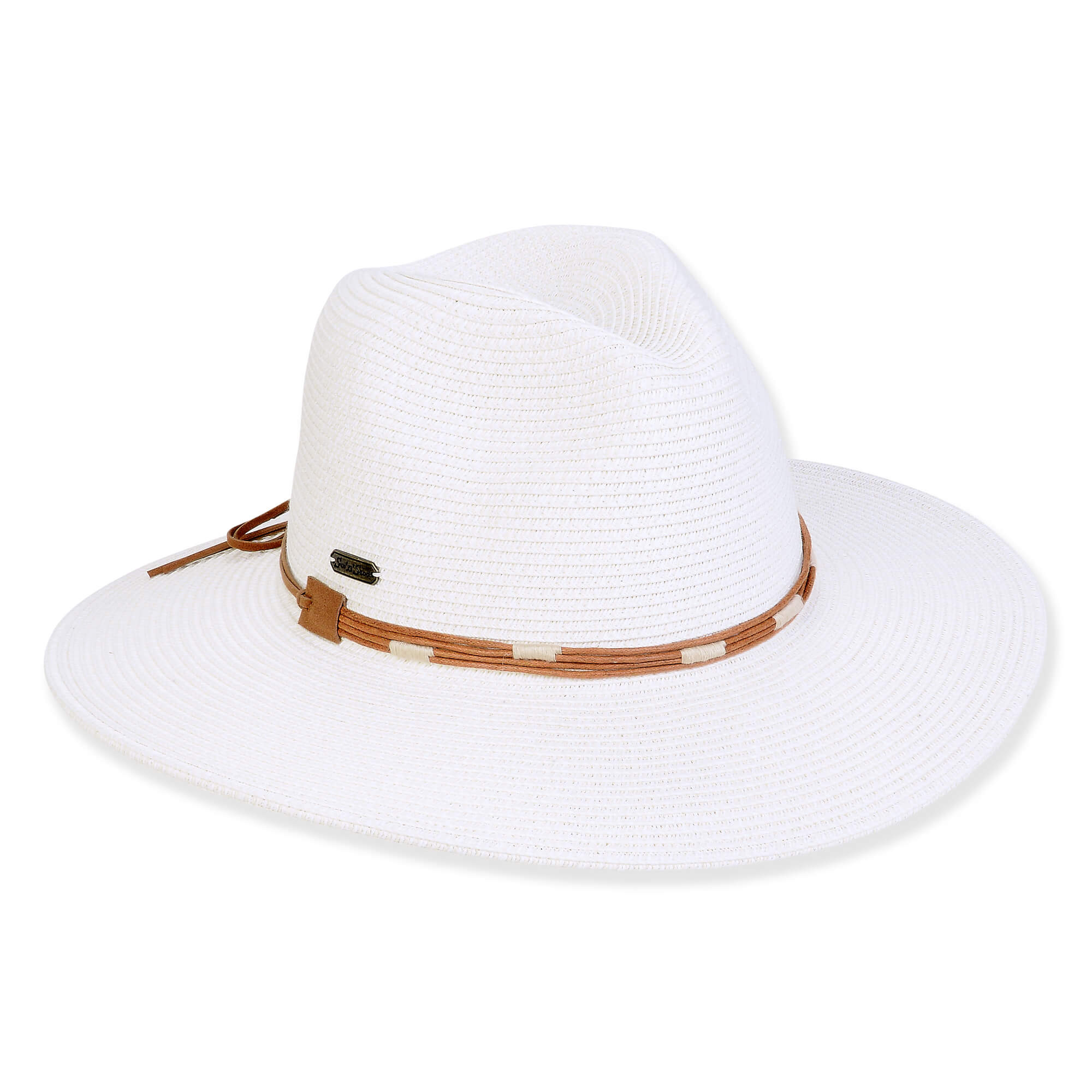 Three-quarter view of a white woven straw fedora featuring a pinched crown and a brown leather band with white stitching.