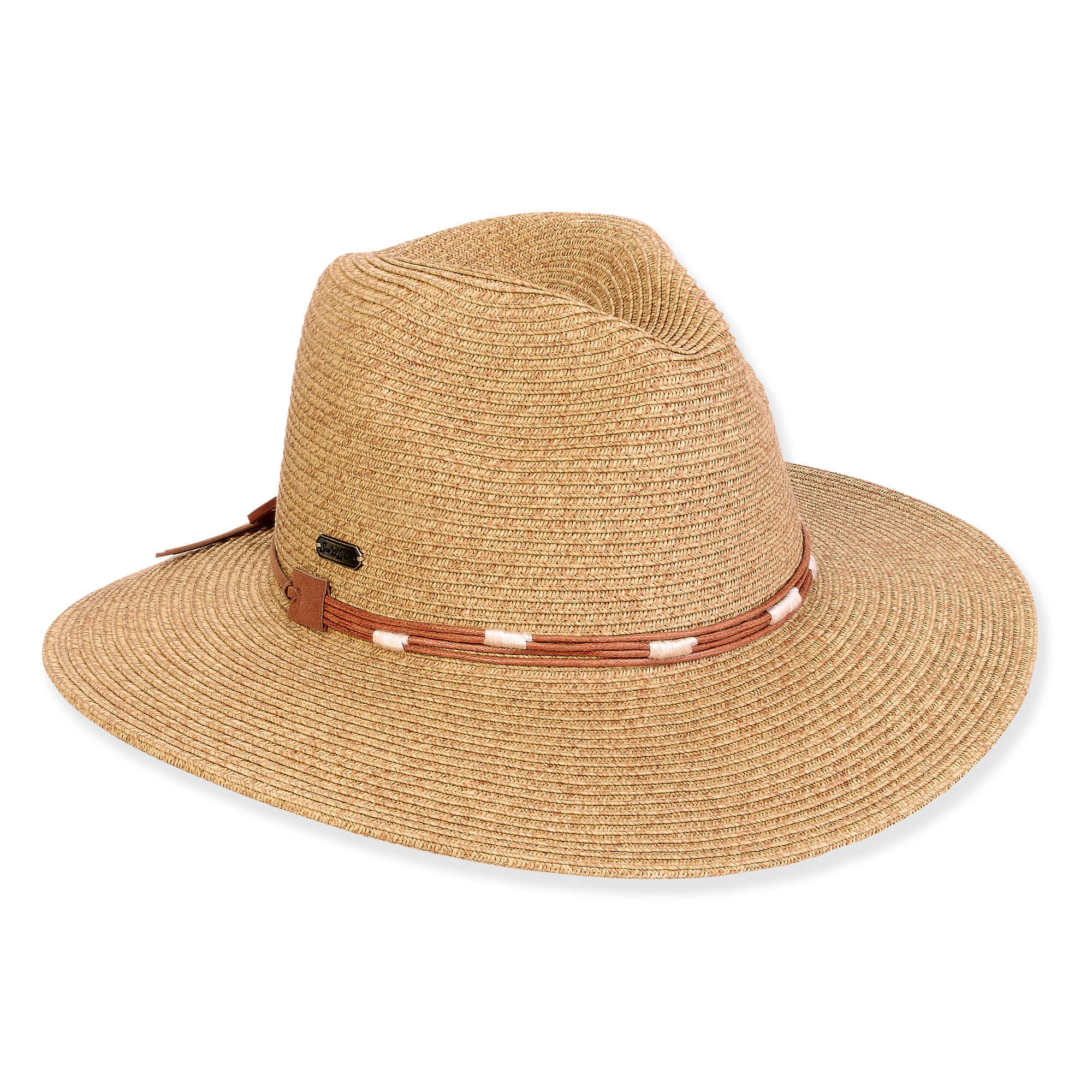 Three-quarter view of a natural tan woven straw fedora featuring a pinched crown and a brown leather band with white stitching.