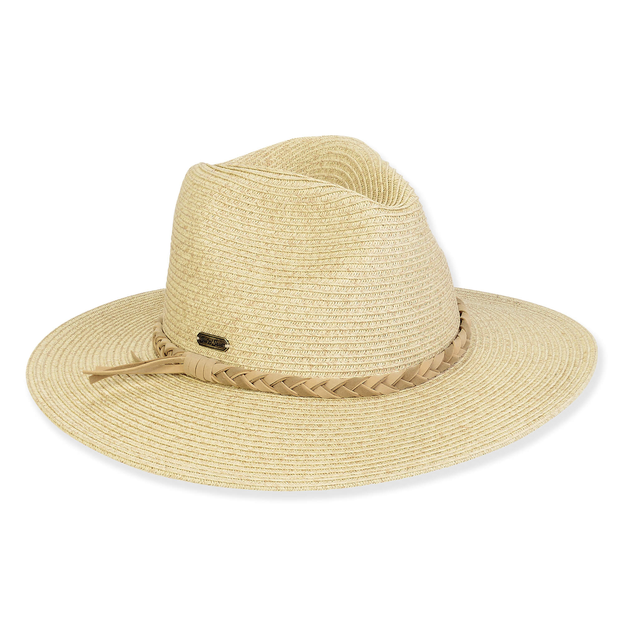 Three-quarter view of a tan woven straw fedora featuring a pinched crown and a matching tan braided band.