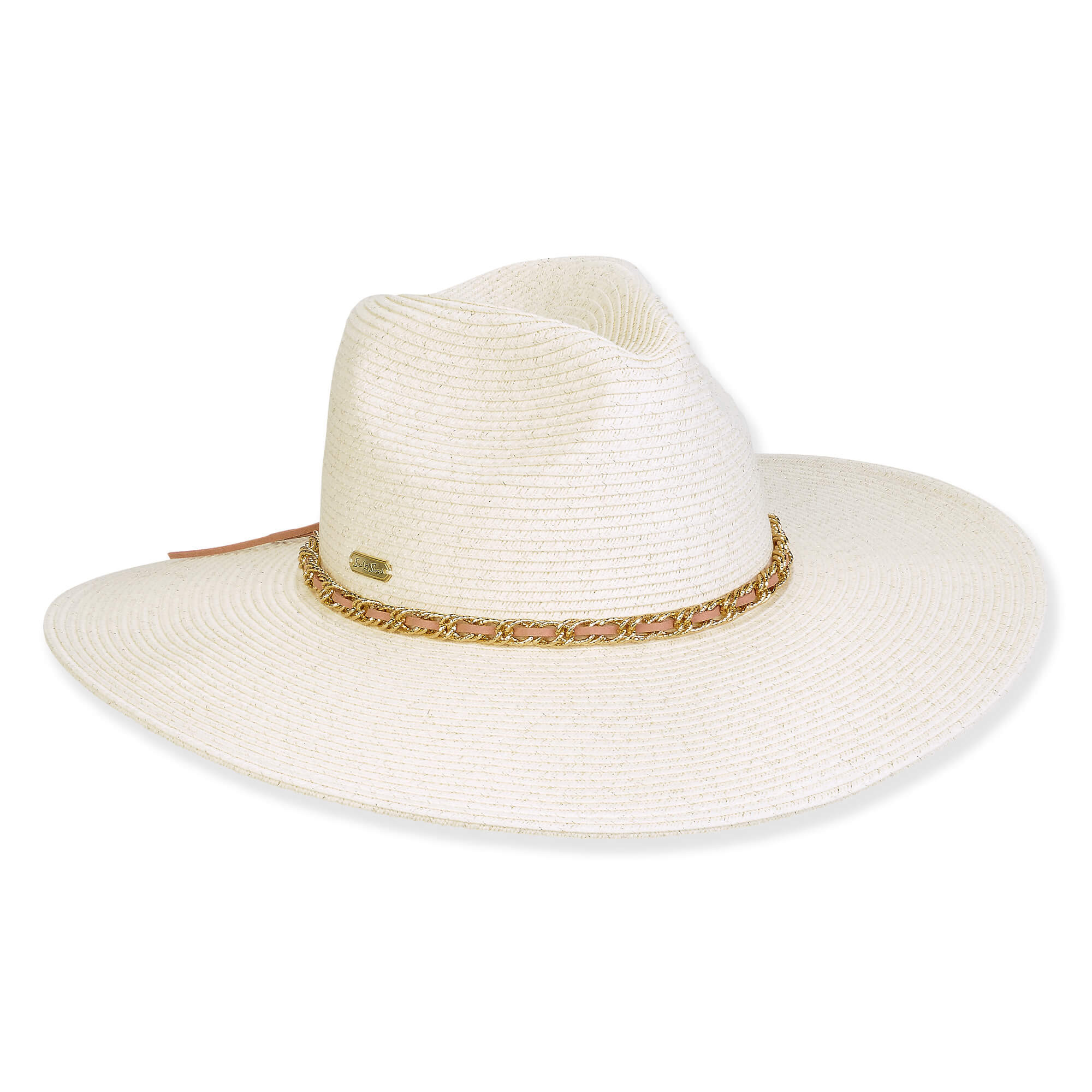 Three-quarter view of a cream woven straw sun hat featuring a pinched crown and a brown braided cord band.