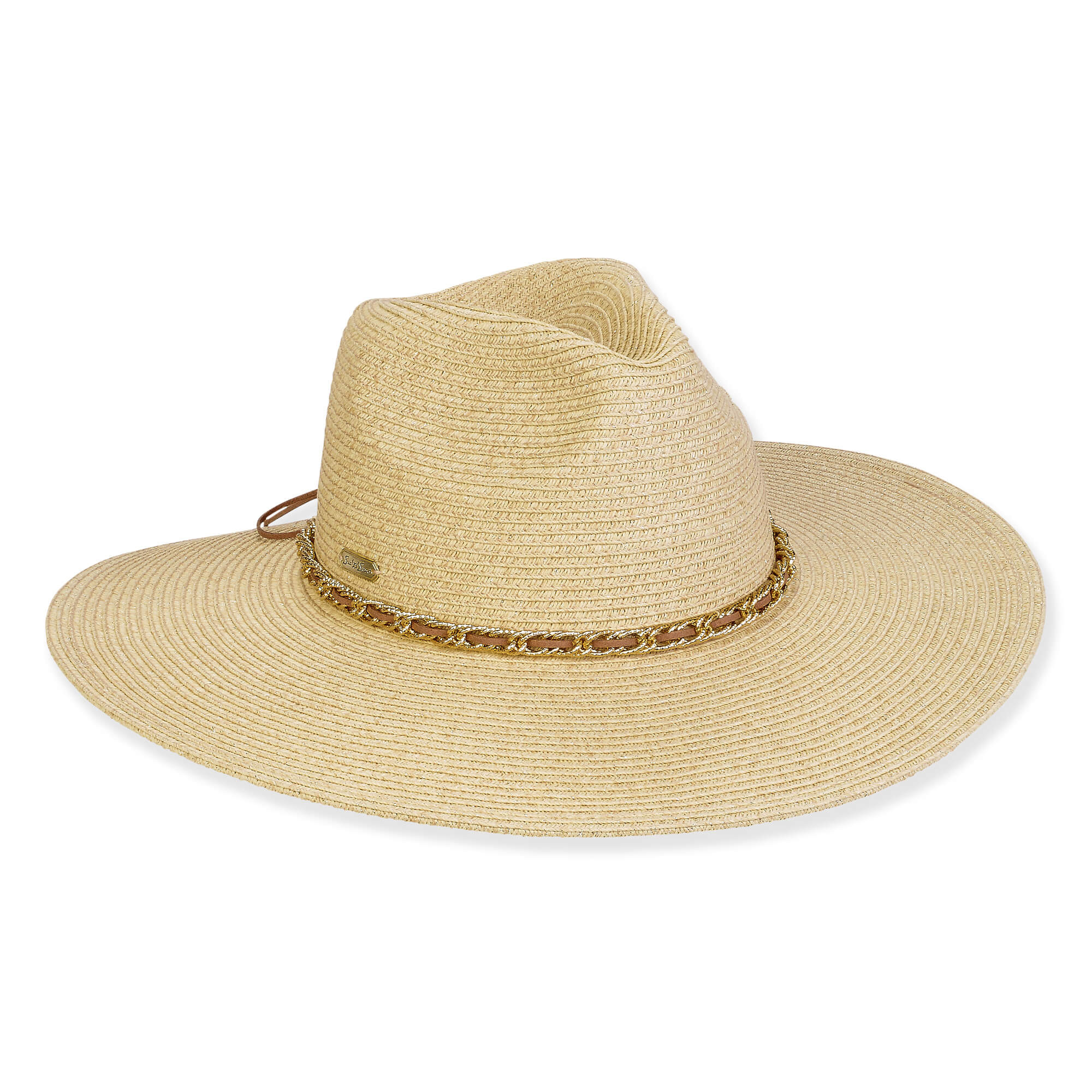 Three-quarter view of a tan woven straw sun hat featuring a pinched crown and a brown braided cord band.