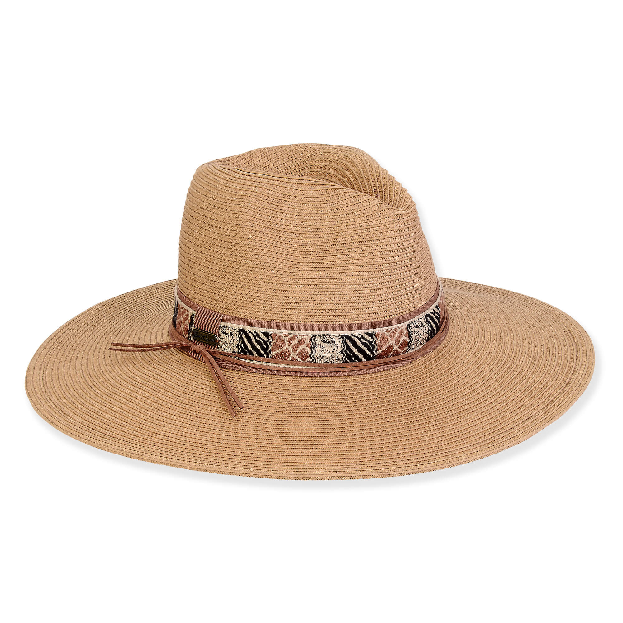 Three-quarter view of a tan woven straw sun hat featuring a pinched crown and a tribal-patterned fabric band.
