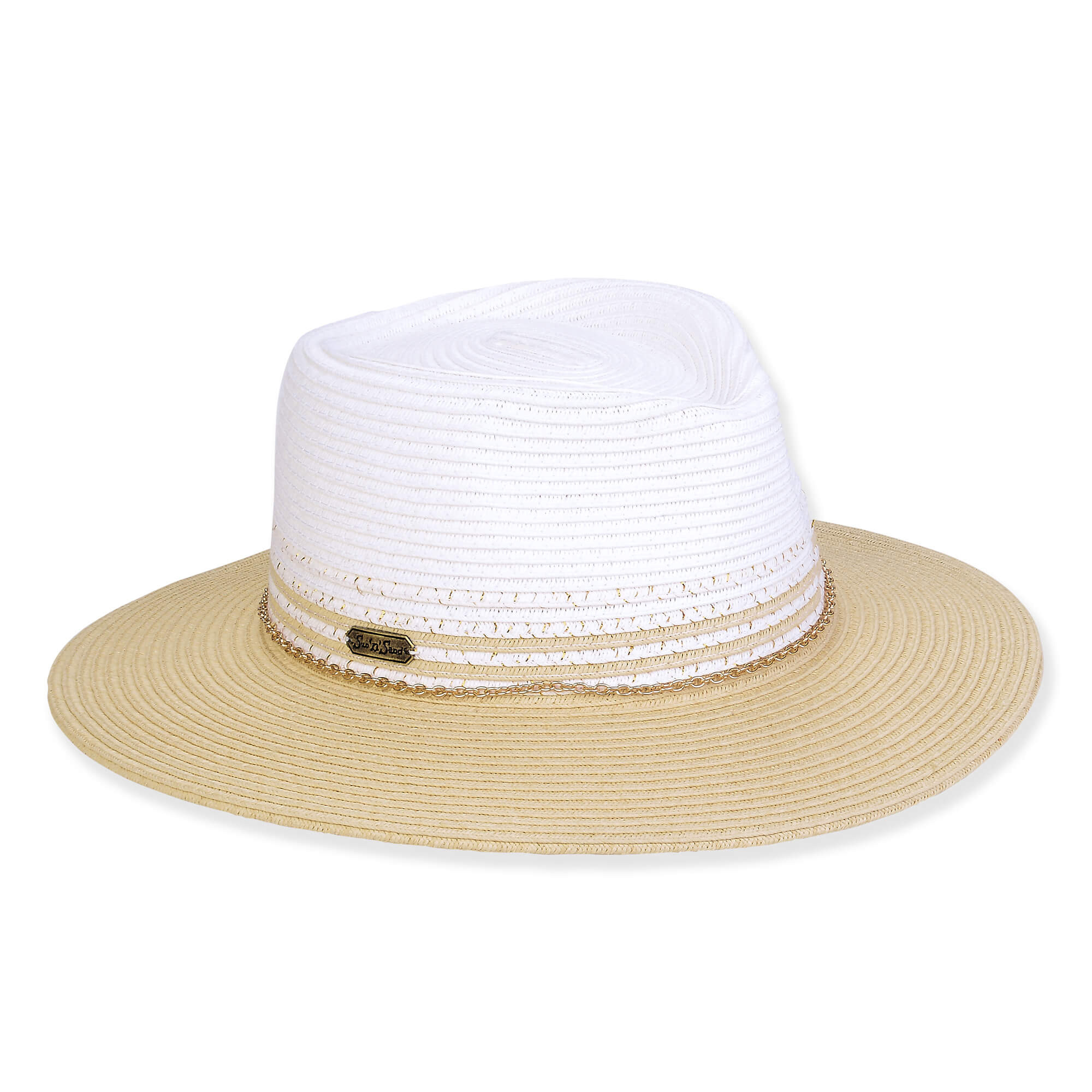 Three-quarter view of a color-block woven straw sun hat featuring a white pinched crown and a tan wide brim.