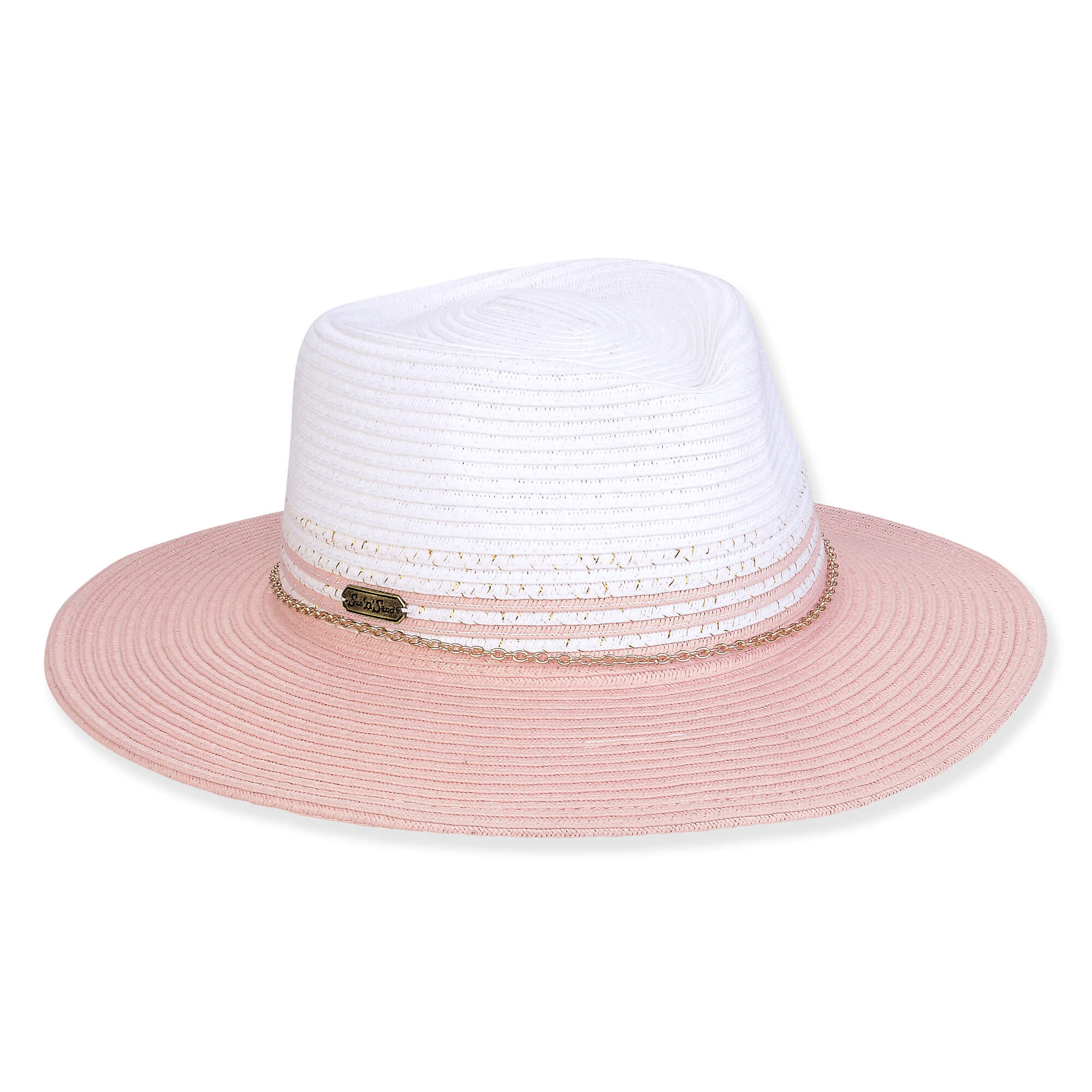 Three-quarter view of a color-block woven straw sun hat featuring a white pinched crown and a blush pink wide brim.